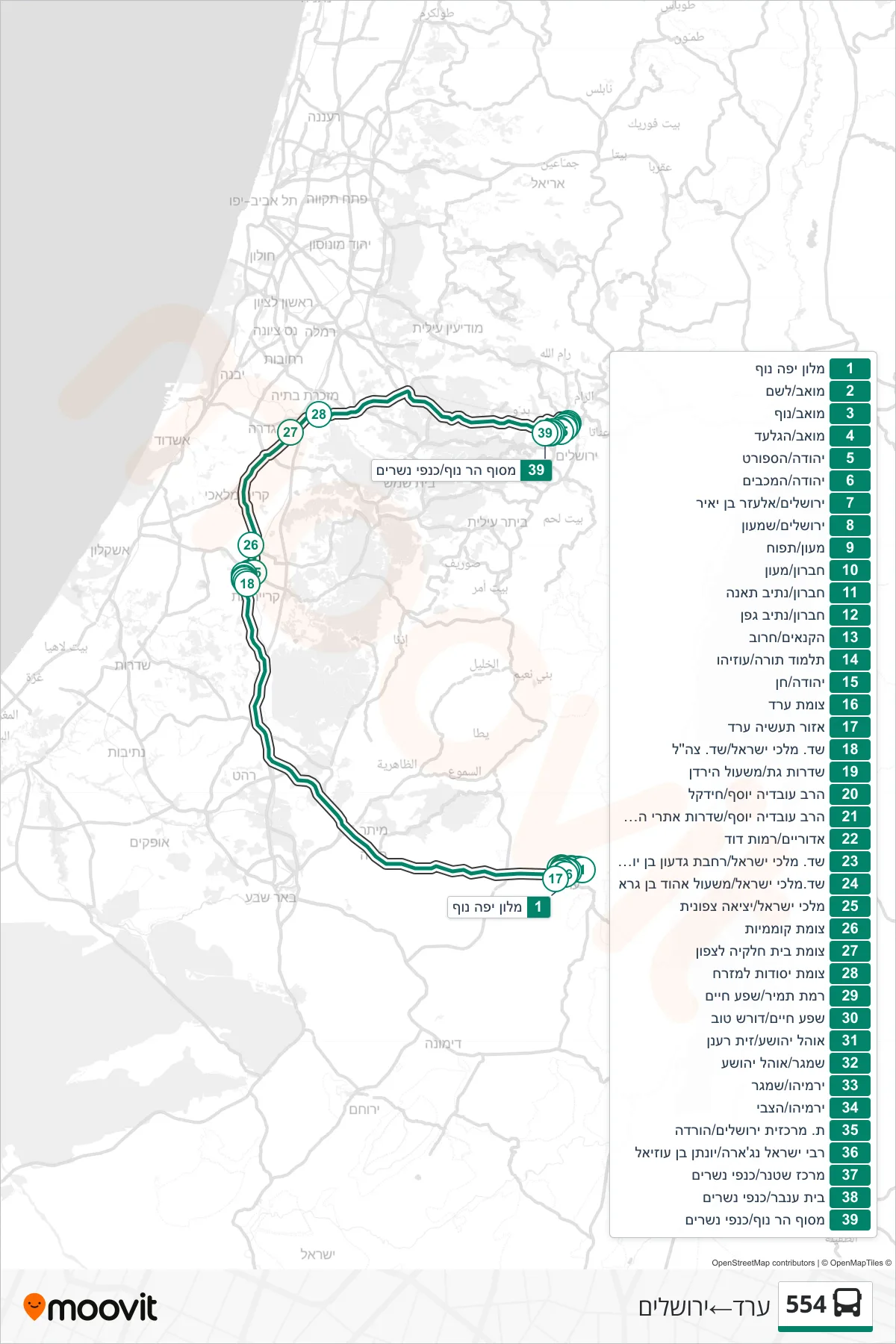 554 bus Line (Arad‎→Jerusalem) route and stops on a map