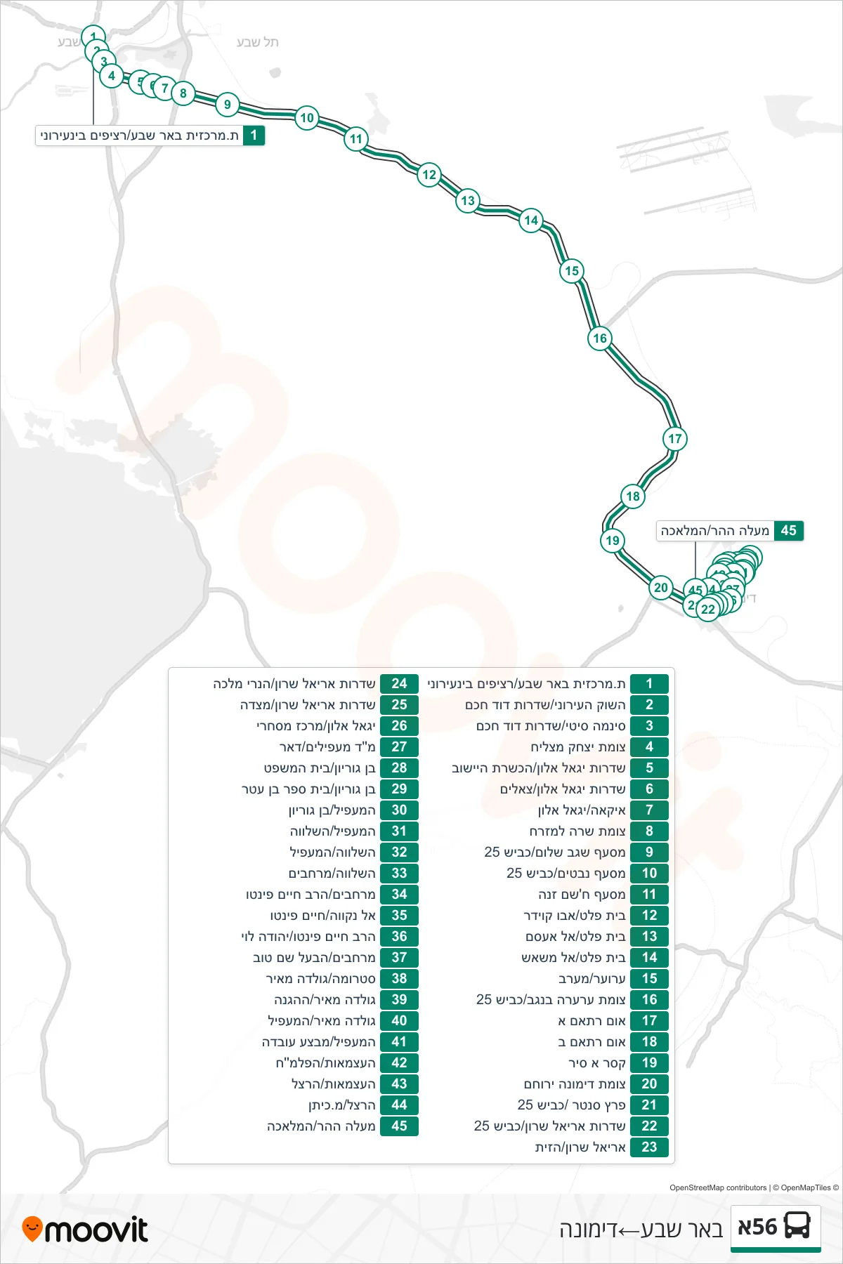 56A bus Line (Beer Sheva‎→Dimona) route and stops on a map