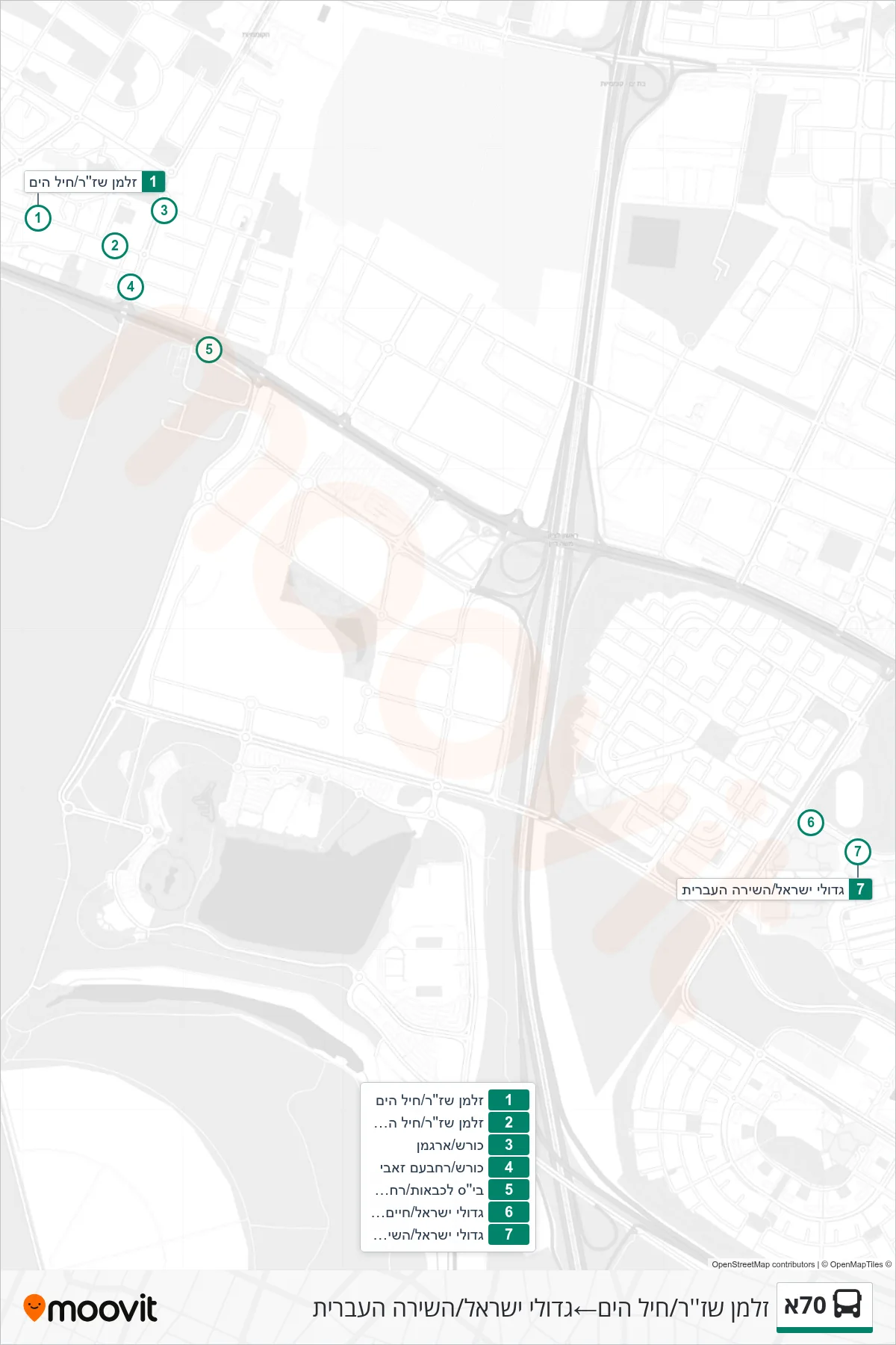 70A bus Line (Zalman Shazar/Navy‎→Gdolei Israel/HaShira HaIvrit) route and stops on a map