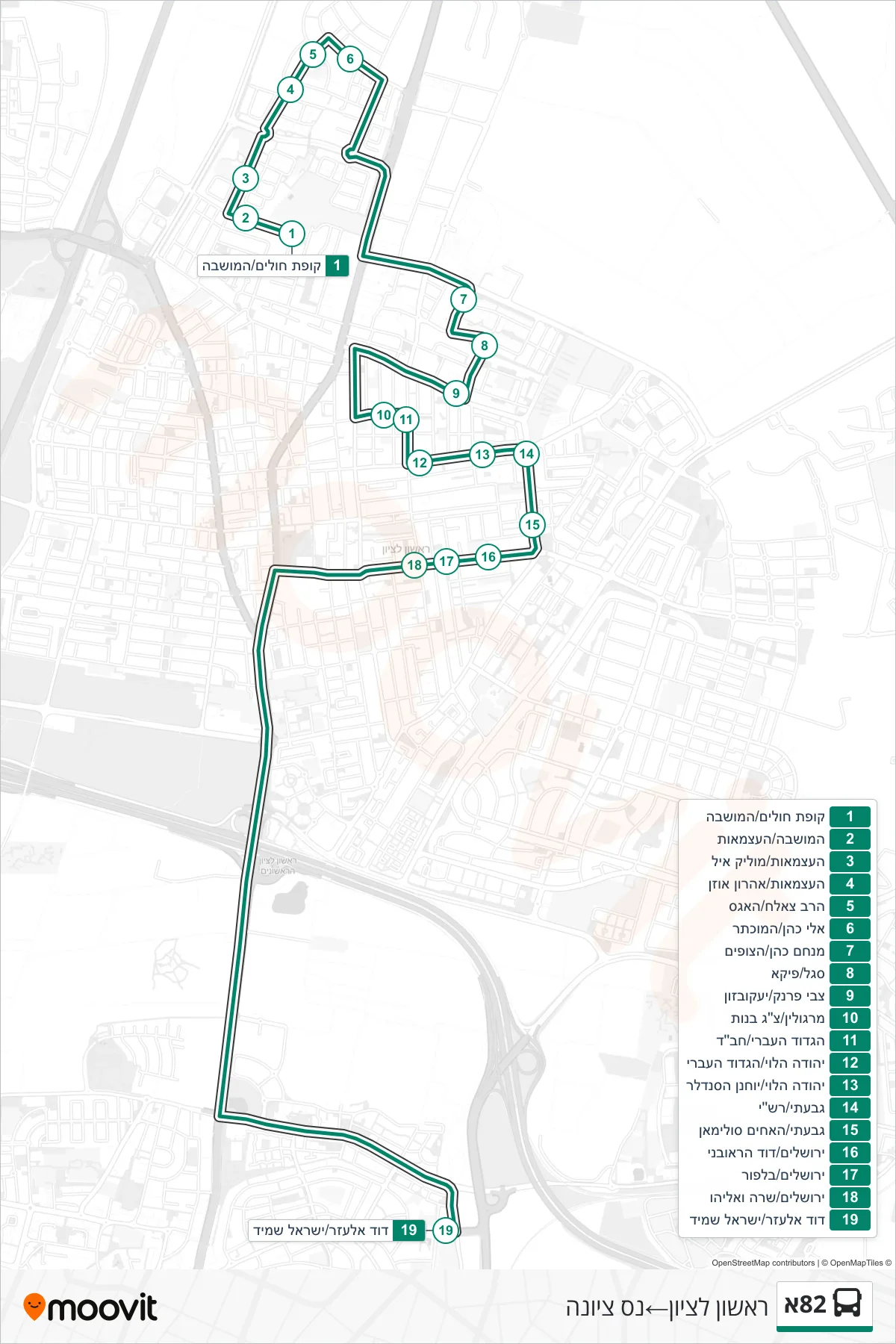 82A bus Line (Rishon LeZion‎→Nes Ziona) route and stops on a map