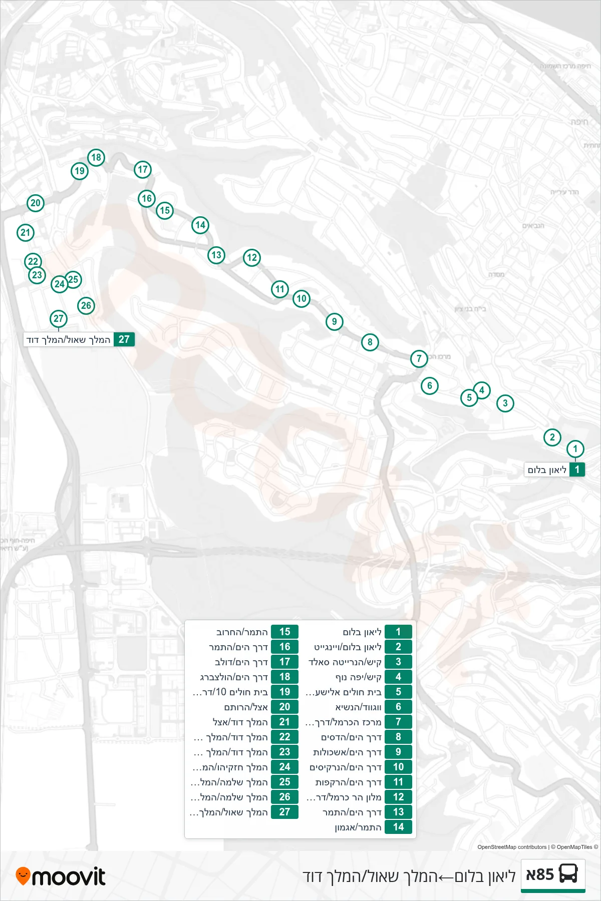 85A bus Line (Leon Blum‎→King Saul/King David) route and stops on a map