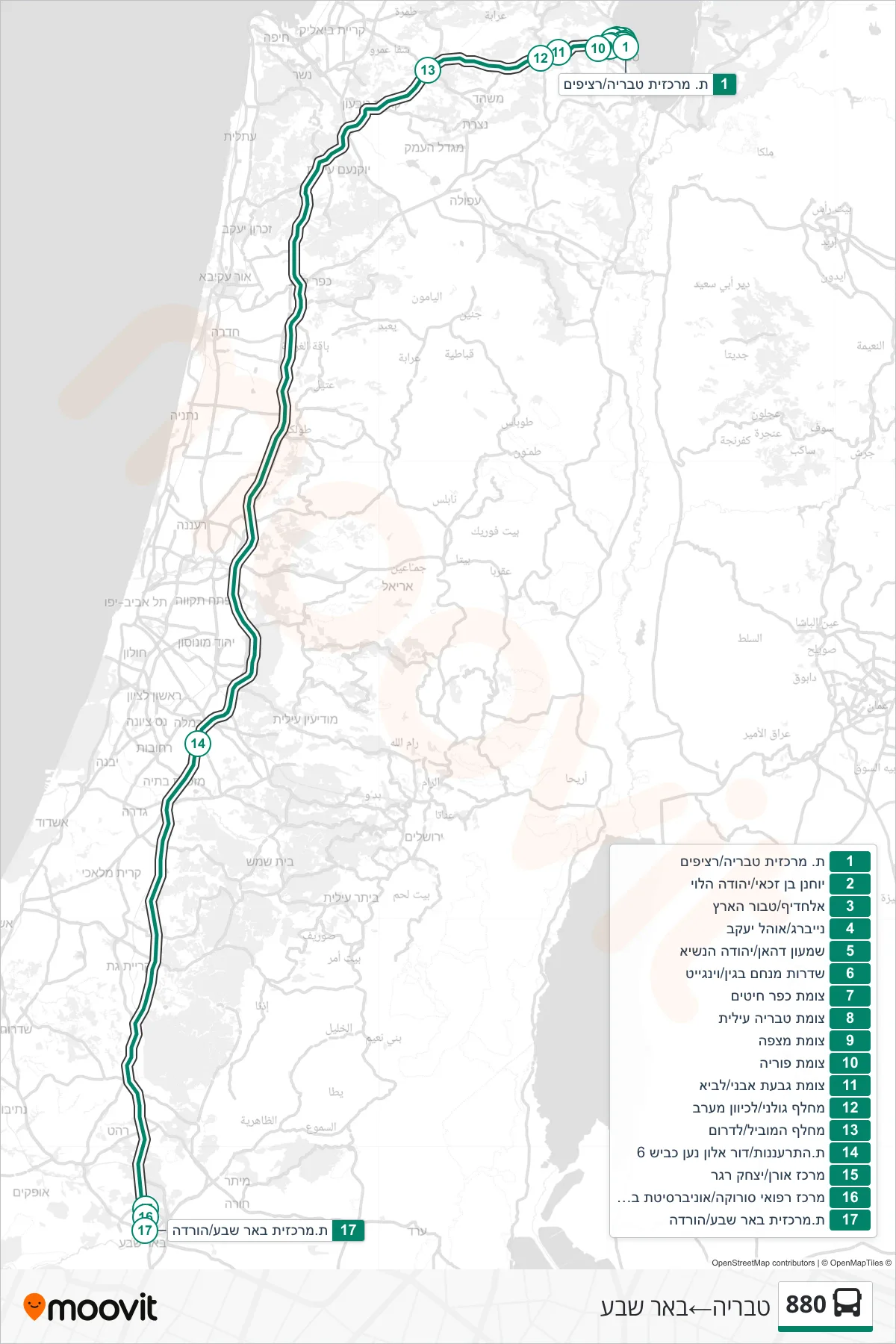 880 Line (Tiberias→Beer Sheva) route and stops on a map