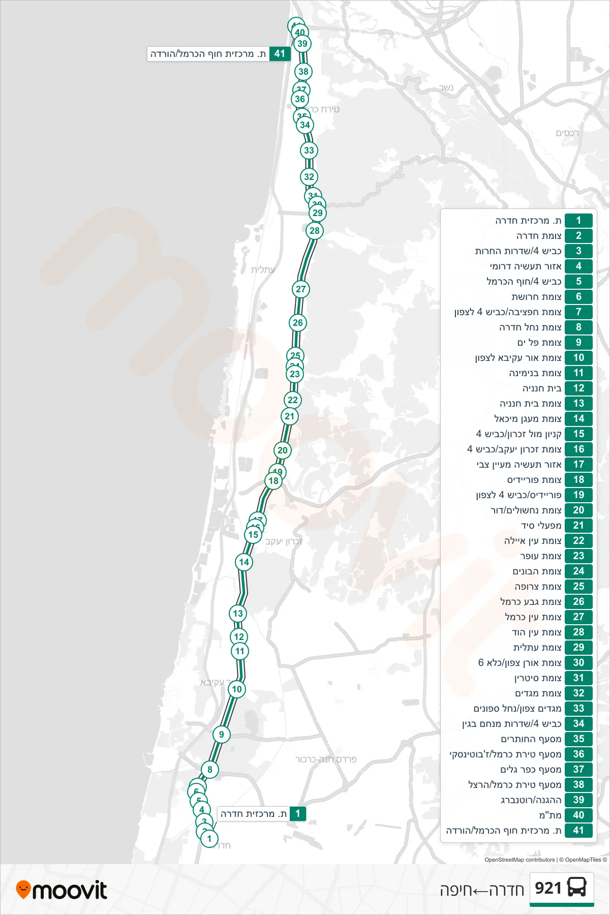 921 bus Line (Hadera‎→Haifa) route and stops on a map