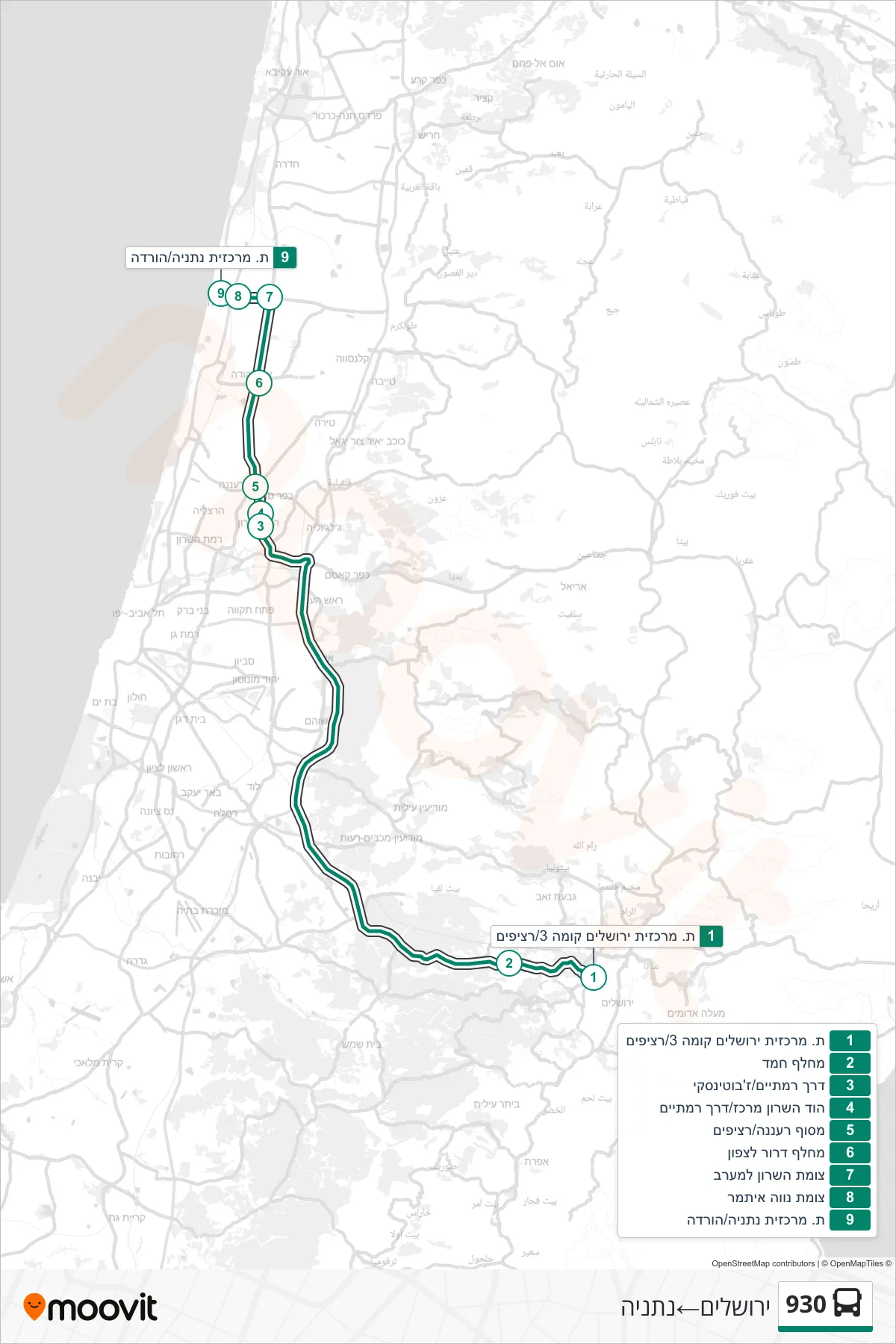 930 bus Line (Jerusalem‎→Netanya) route and stops on a map