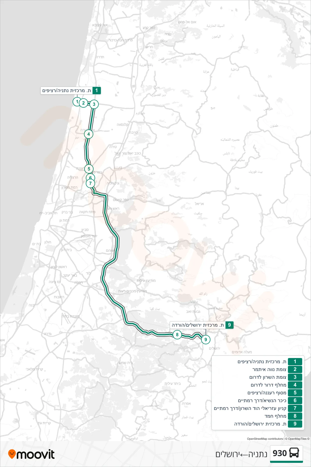 930 bus Line (Netanya‎→Jerusalem) route and stops on a map