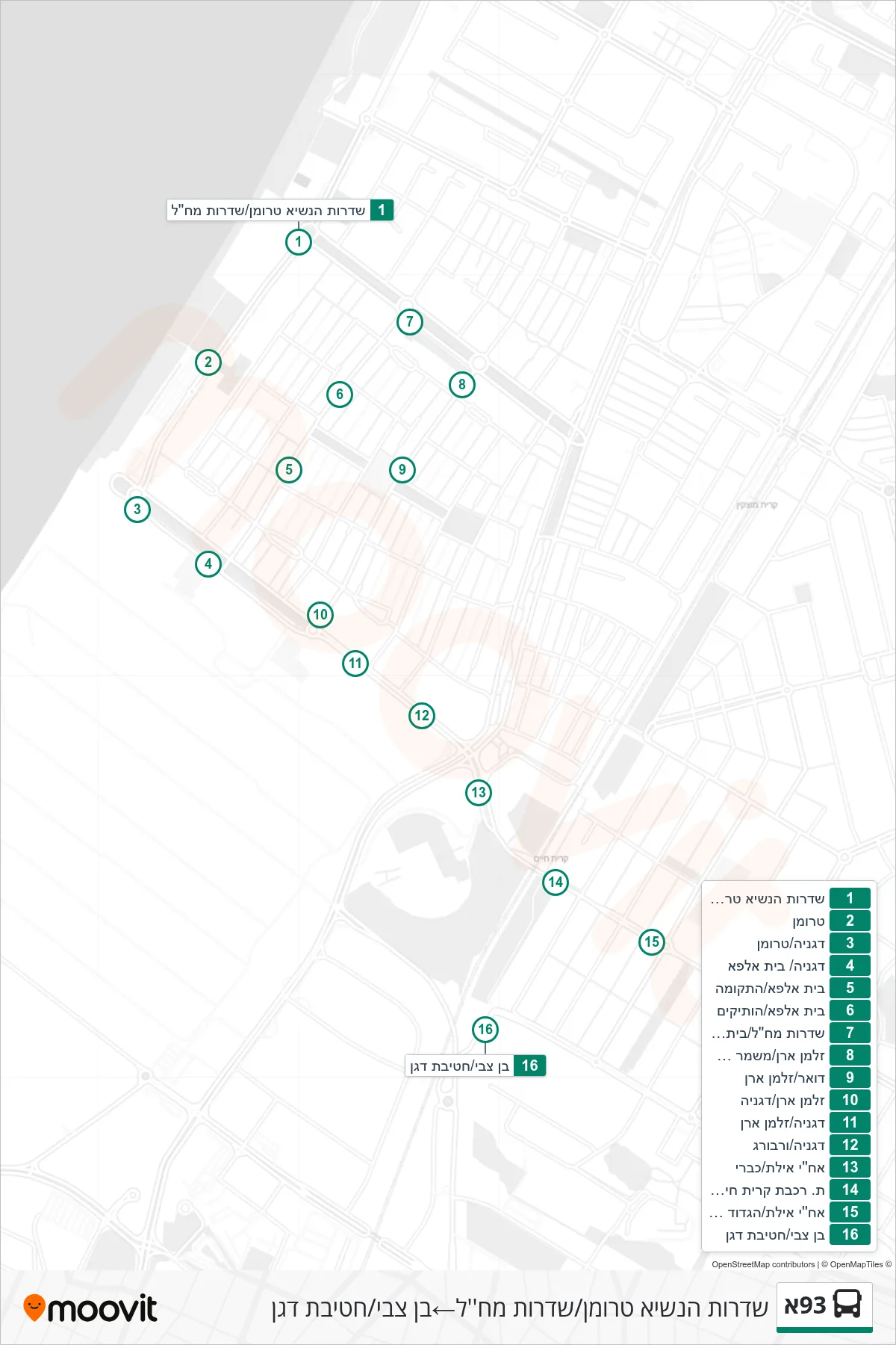 93A bus Line (Truman Boulevard/Machal Boulevard‎→Ben Zvi/Hativat Dagan) route and stops on a map