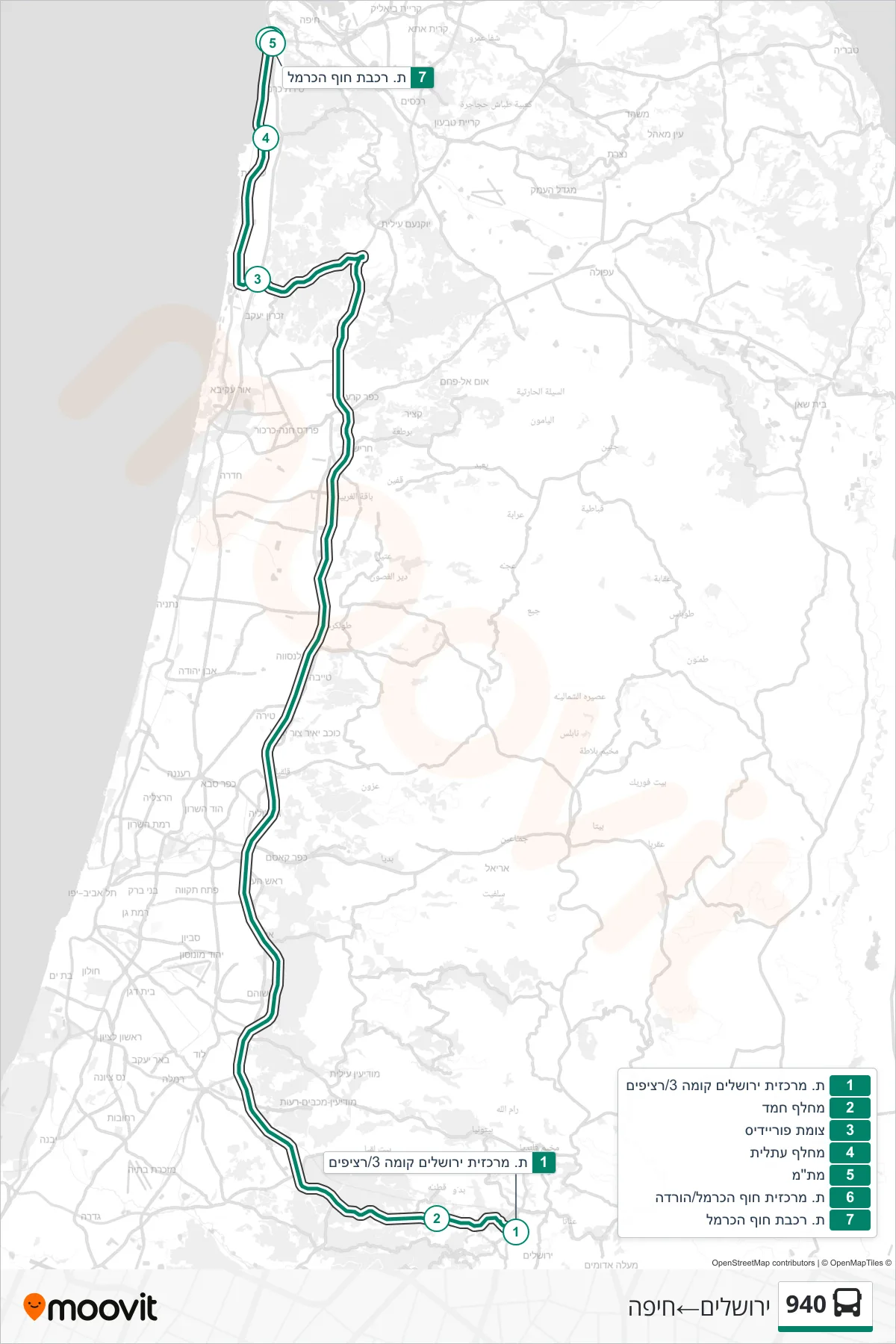 940  Line (Jerusalem‎→Haifa) route and stops on a map