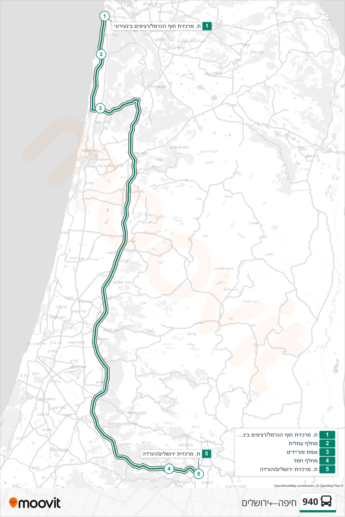 940  Line (Haifa‎→Jerusalem) route and stops on a map
