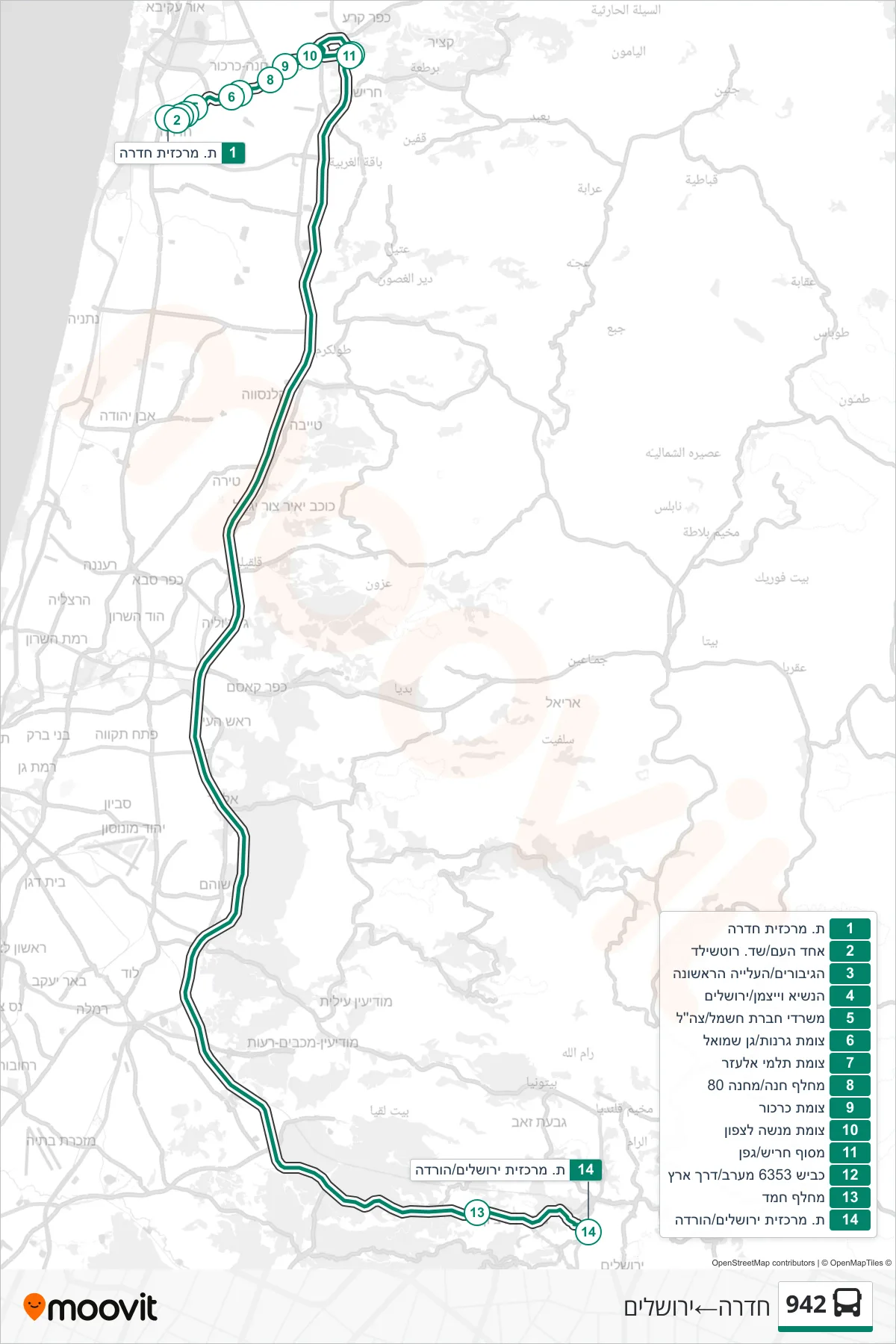 942 bus Line (Hadera→Jerusalem) route and stops on a map