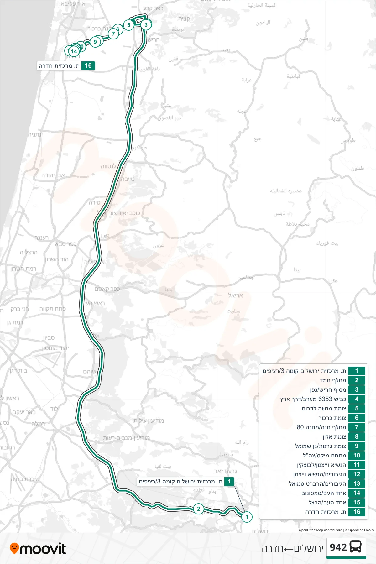 942 Line (Jerusalem→Hadera) route and stops on a map