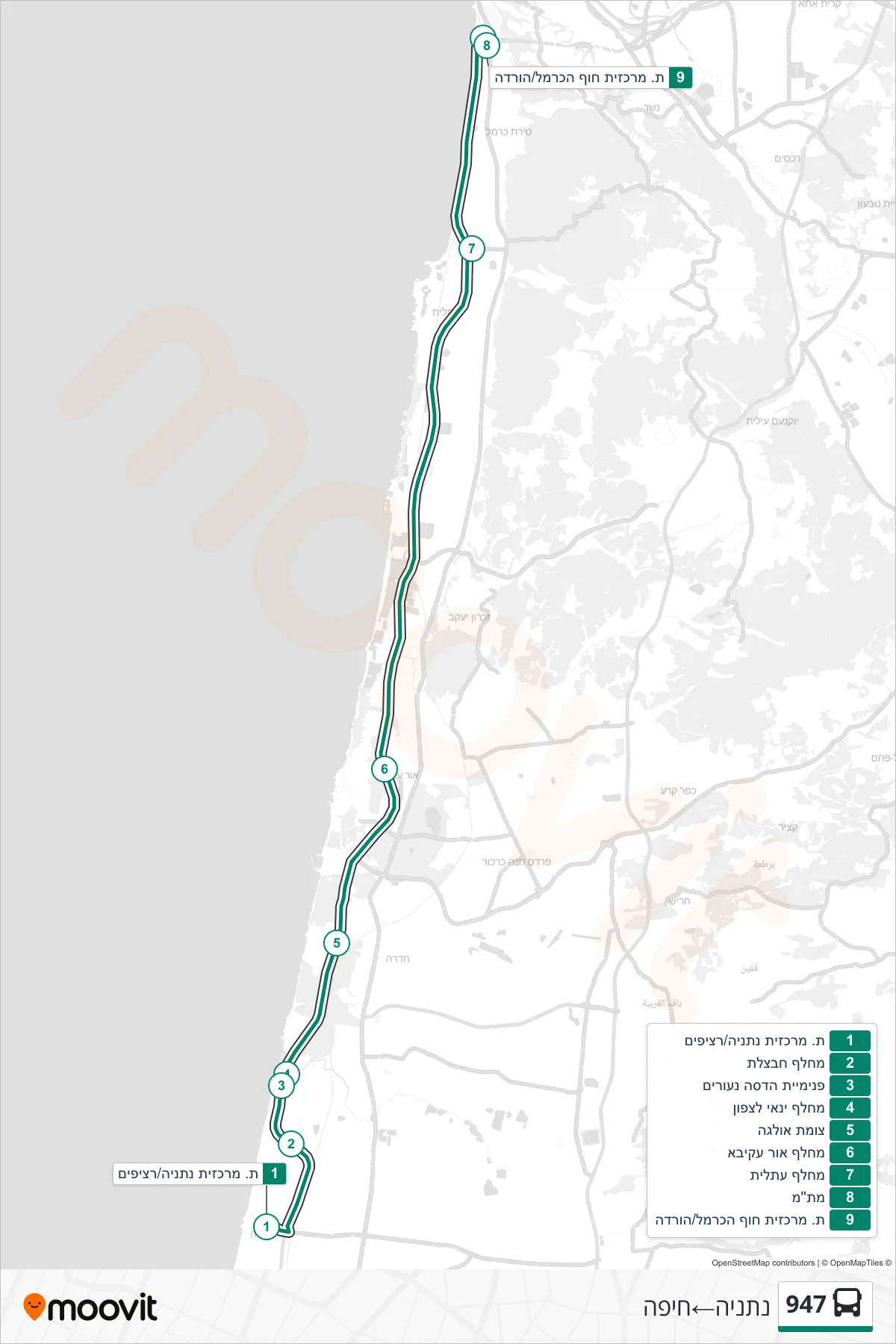 947 bus Line (Netanya‎→Haifa) route and stops on a map