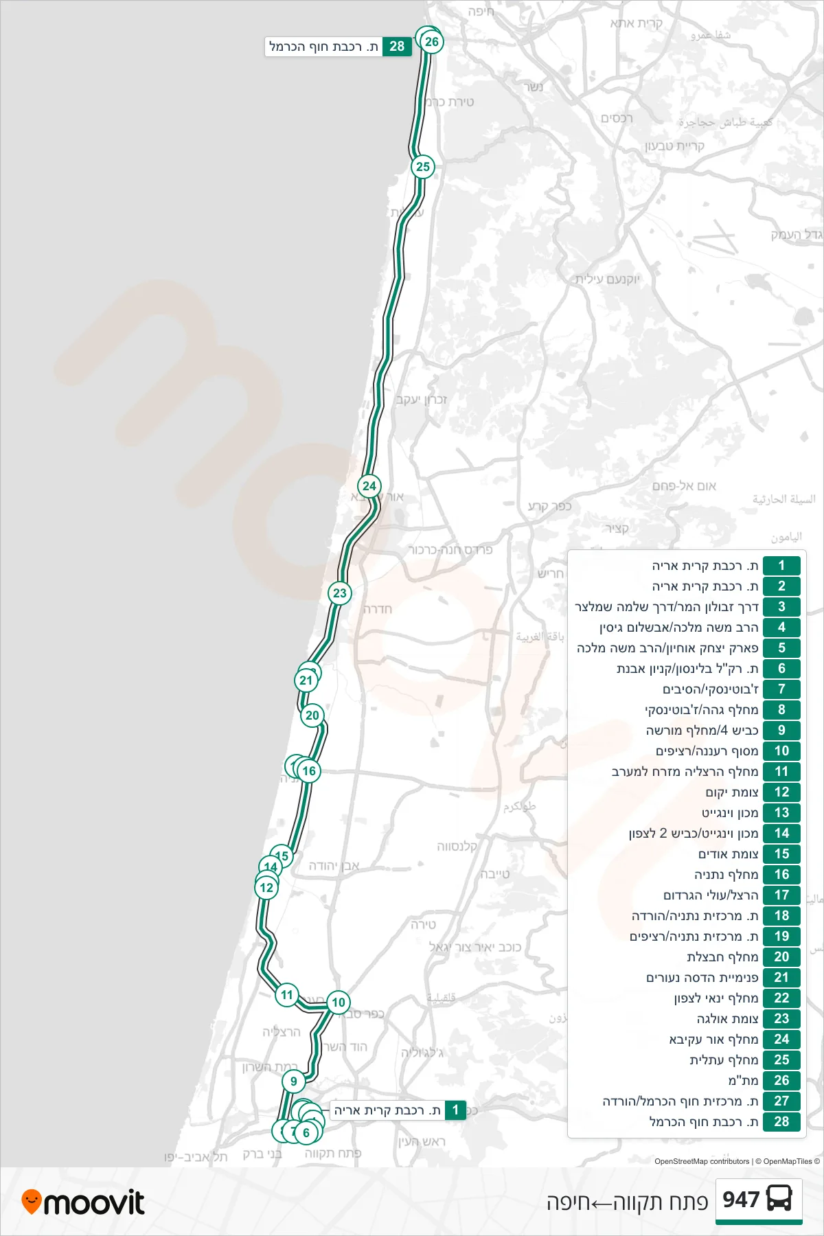 947 bus Line (Petah Tikva‎→Haifa) route and stops on a map