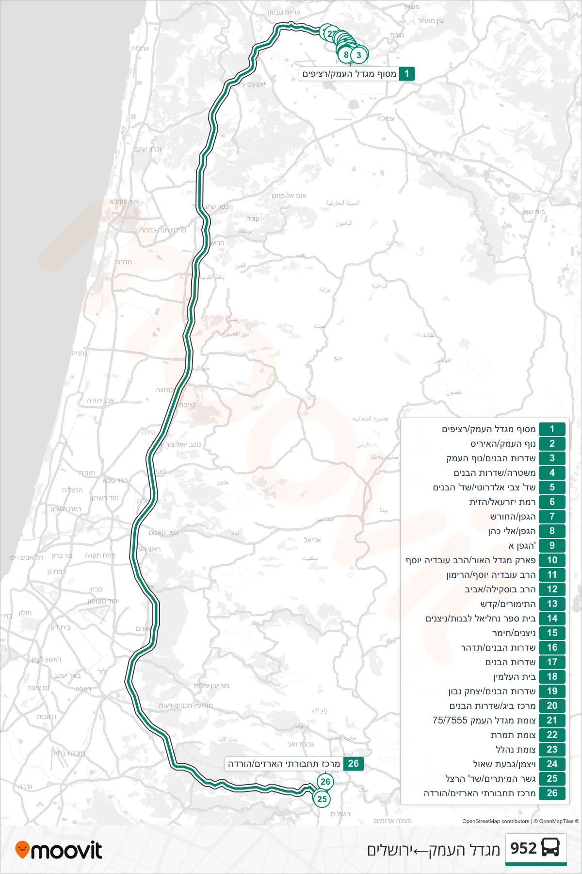 952 bus Line (Migdal HaEmek→Jerusalem) route and stops on a map