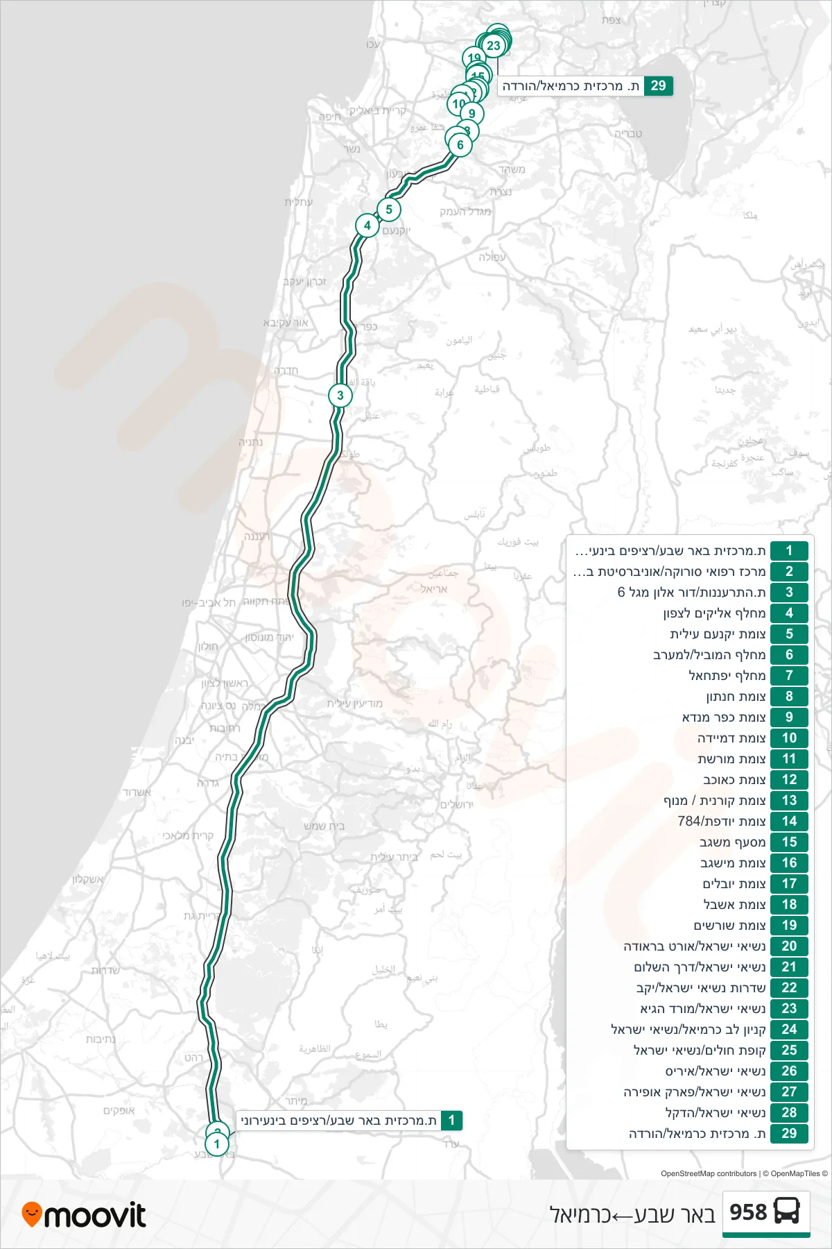 958 bus Line (Beer Sheva‎→Carmiel) route and stops on a map
