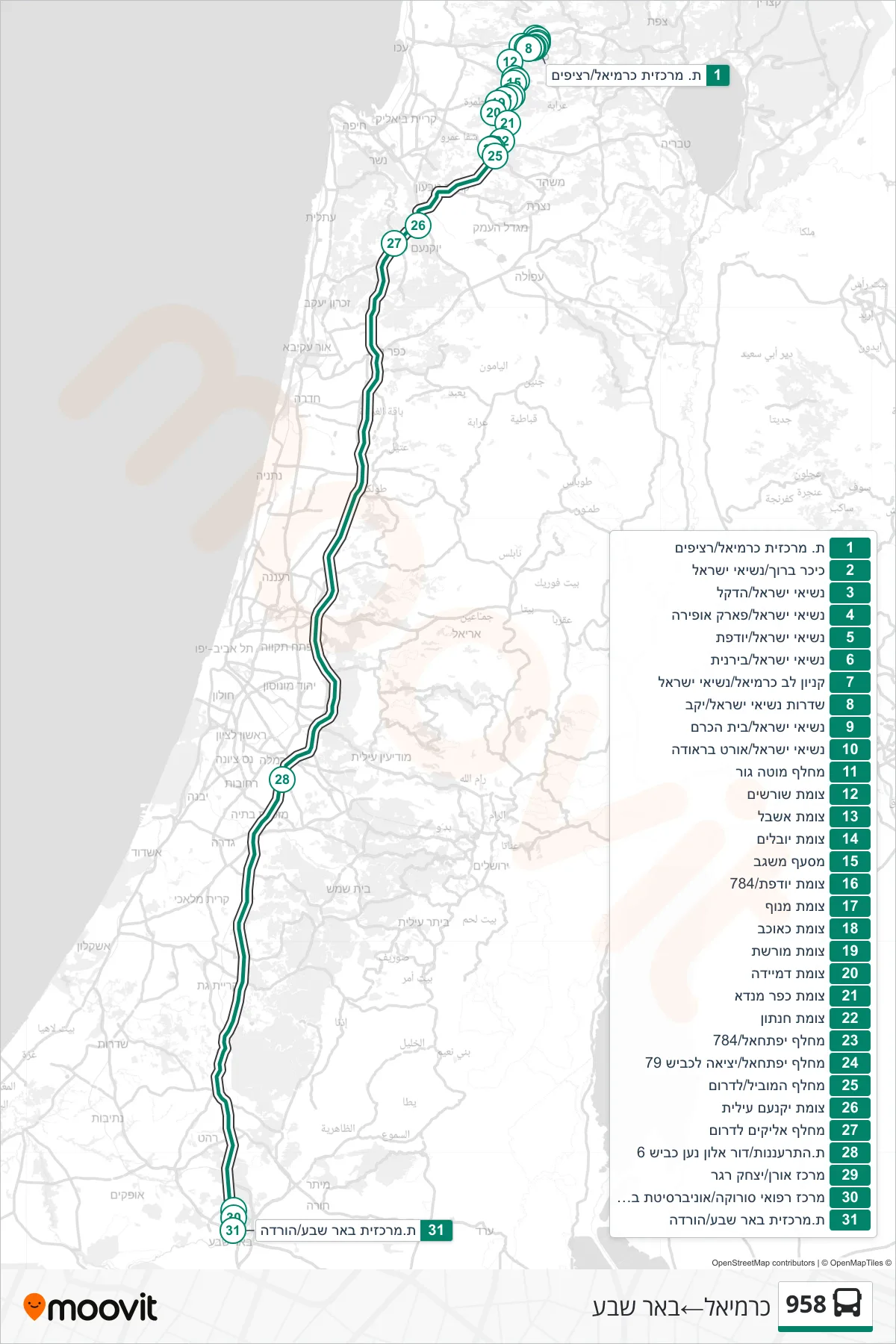 958 bus Line (Carmiel‎→Beer Sheva) route and stops on a map
