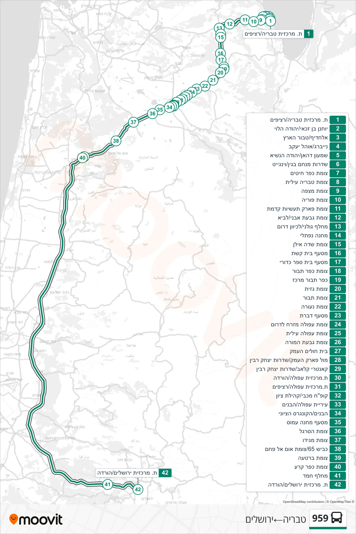 959  Line (Tiberias‎→Jerusalem) route and stops on a map