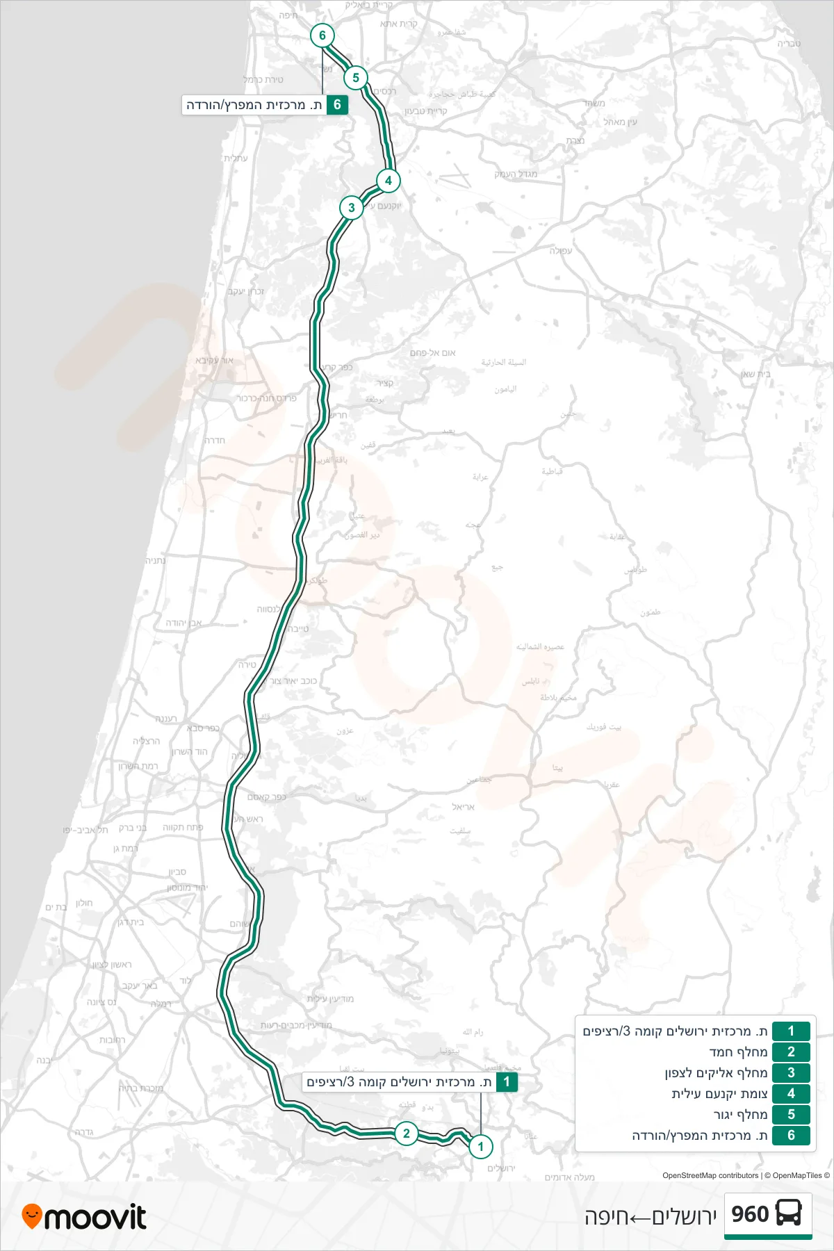 960 bus Line (Jerusalem‎→Haifa) route and stops on a map