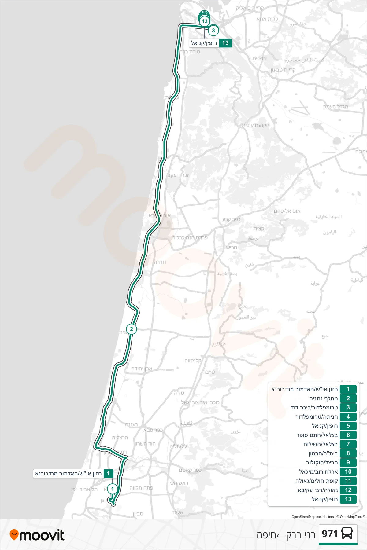 971 bus Line (Bnei Brak‎→Haifa) route and stops on a map