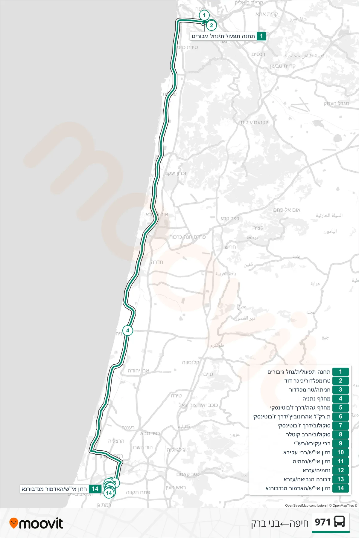 971 bus Line (Haifa‎→Bnei Brak) route and stops on a map