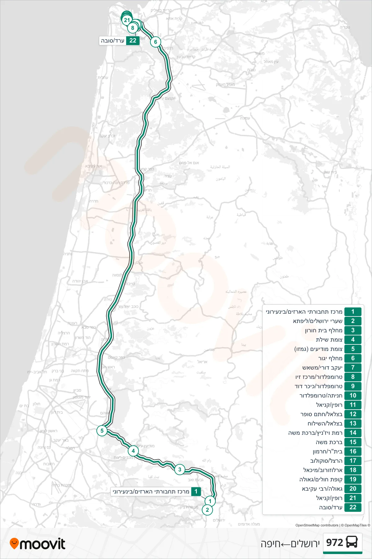 972 bus Line (Jerusalem‎→Haifa) route and stops on a map