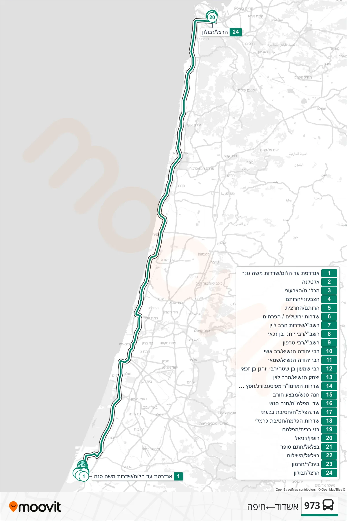 973 bus Line (Ashdod‎→Haifa) route and stops on a map