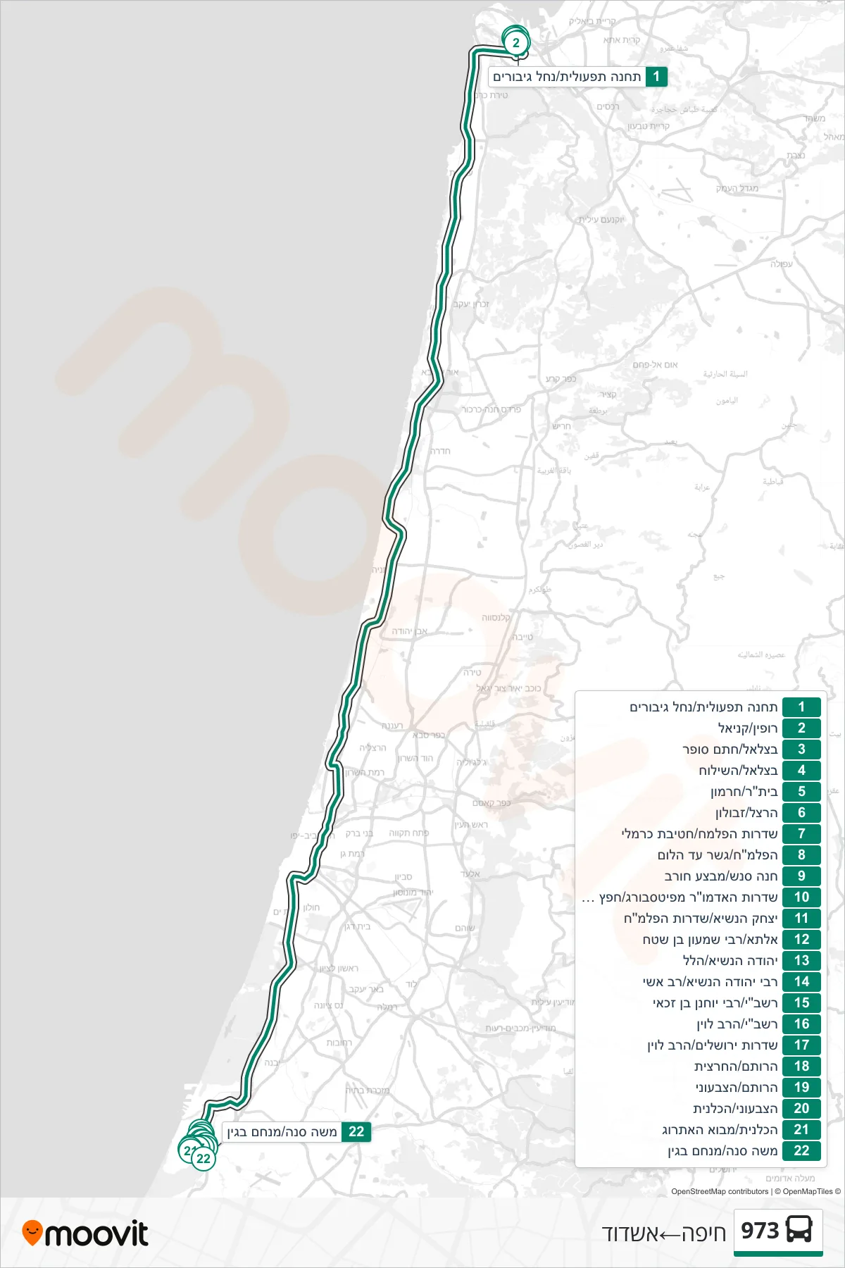 973 bus Line (Haifa‎→Ashdod) route and stops on a map