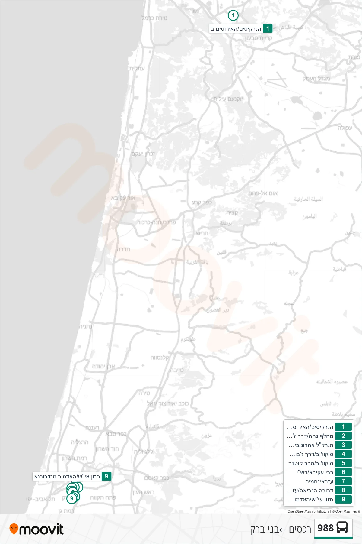 988 bus Line (Rechasim‎→Bnei Brak) route and stops on a map