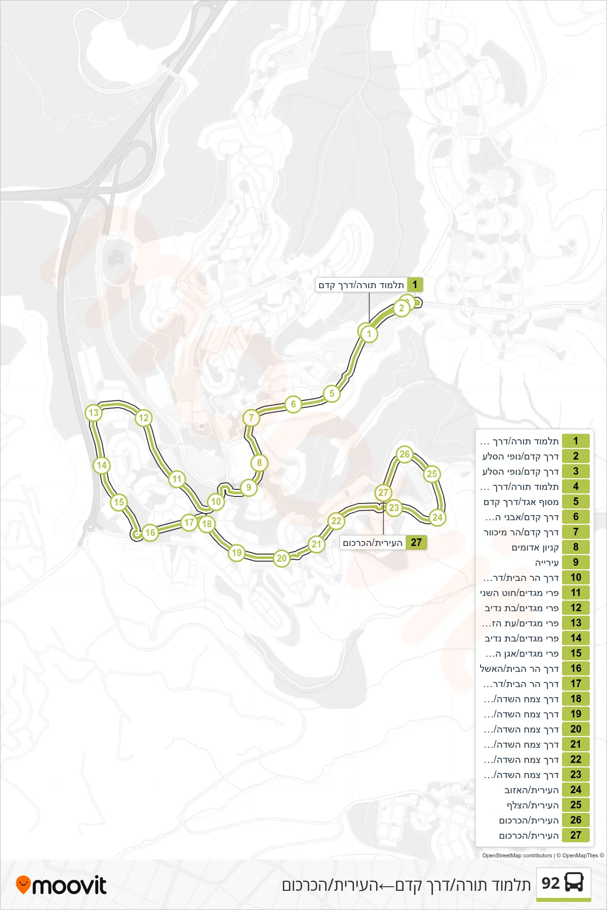92 bus Line (Talmud Torah/Derech Kedem‎→HaIrit/HaKarkom) route and stops on a map