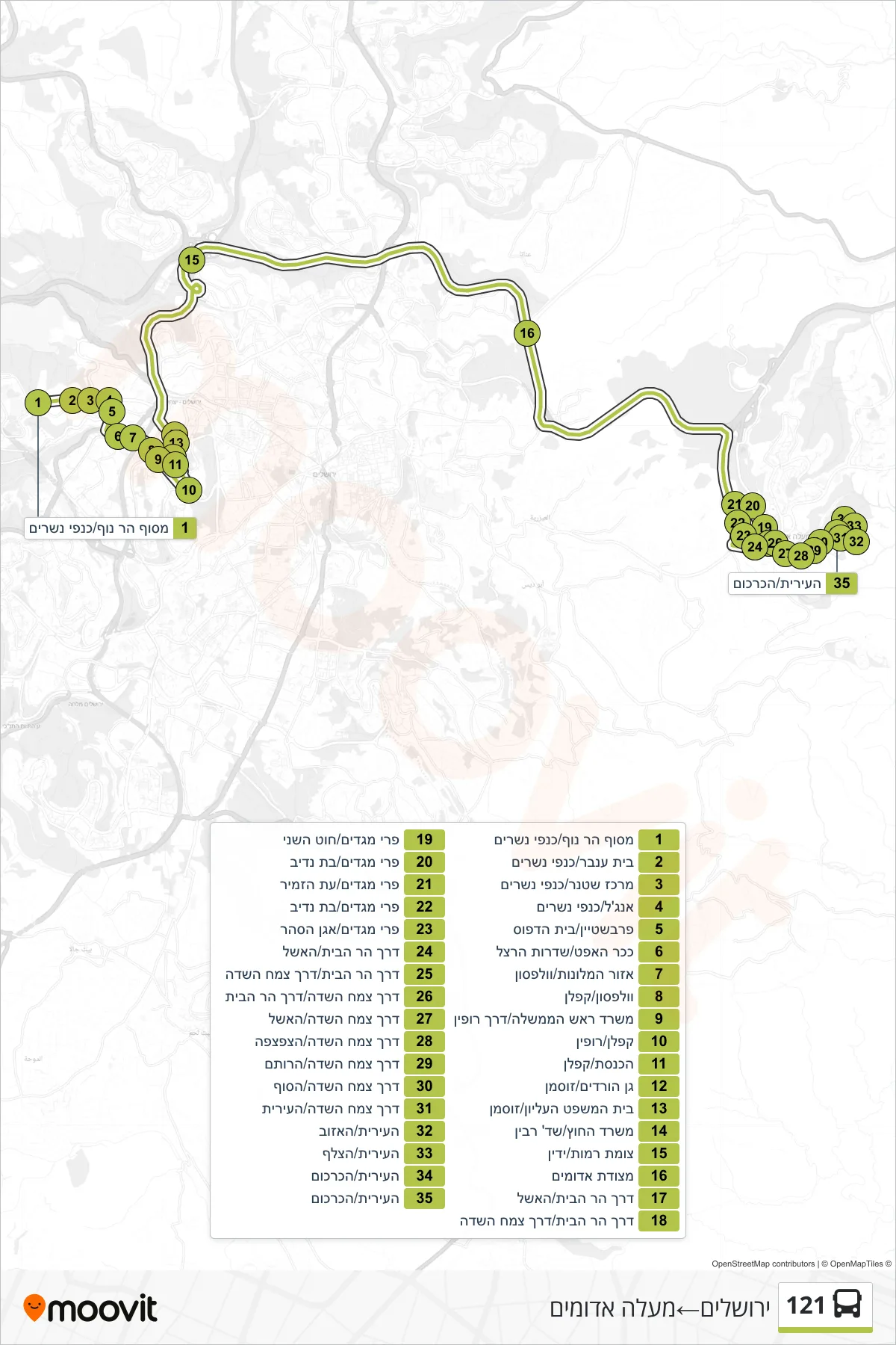 121 bus Line (Jerusalem‎→Ma'ale Adumim) route and stops on a map