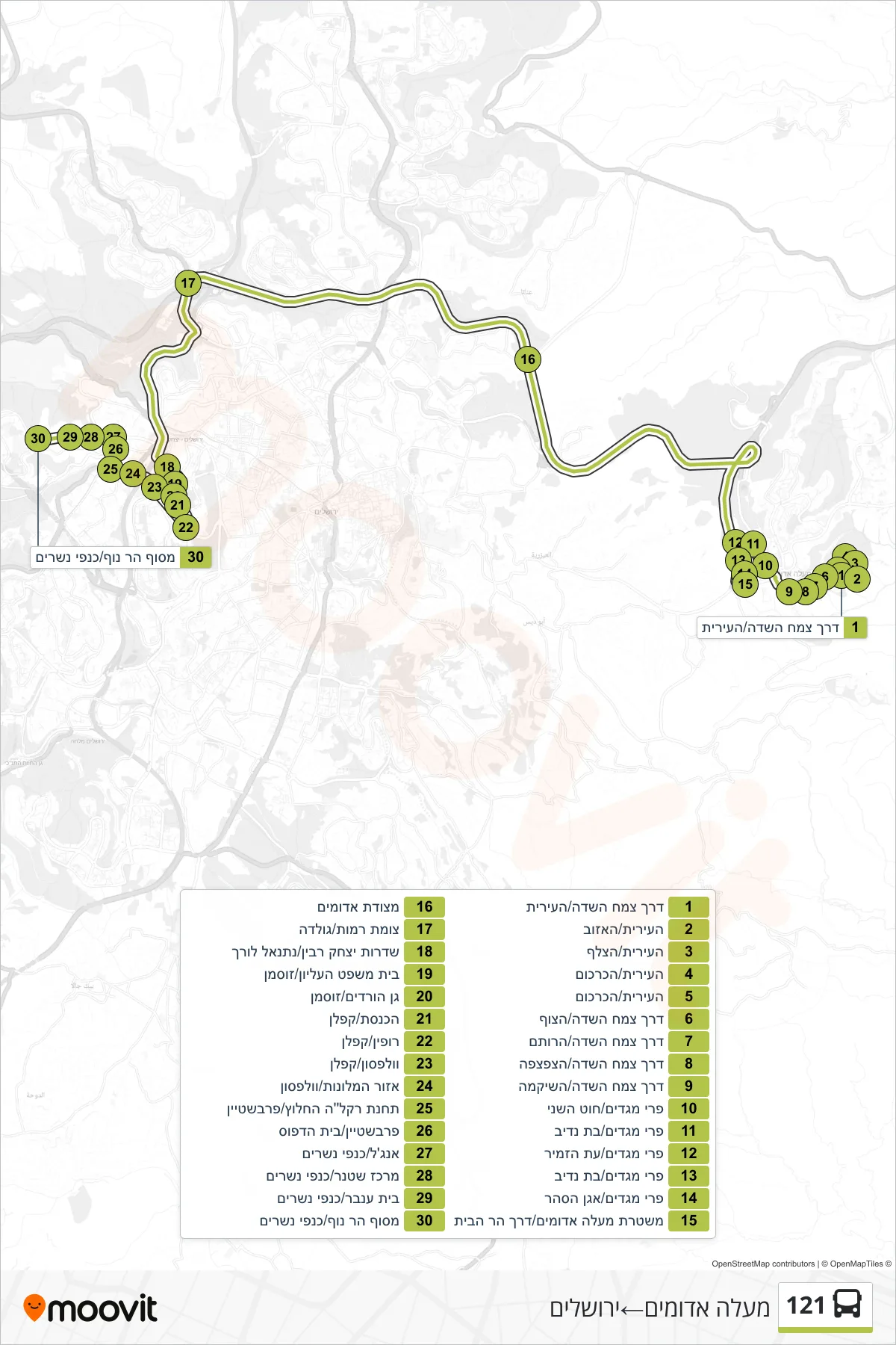 121 bus Line (Ma'ale Adumim‎→Jerusalem) route and stops on a map