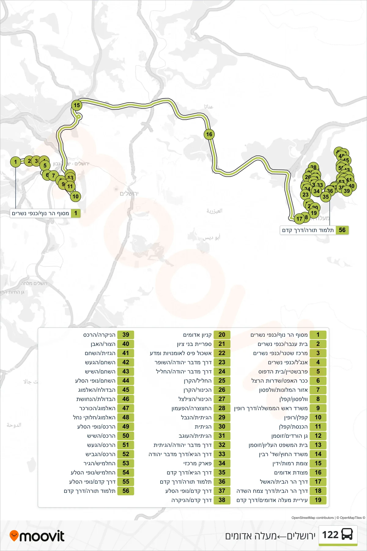 122 bus Line (Jerusalem‎→Ma'ale Adumim) route and stops on a map