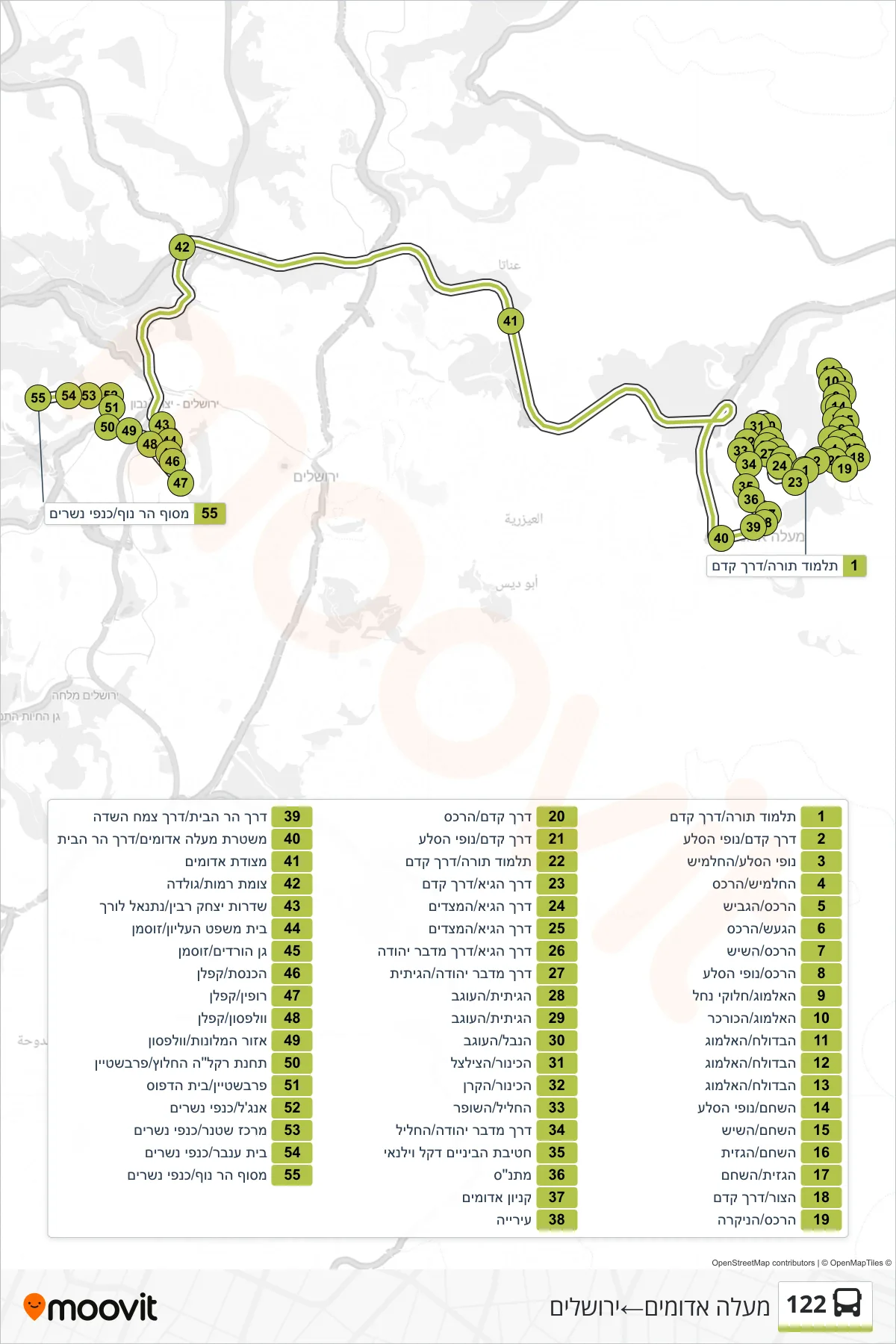 122 bus Line (Ma'ale Adumim‎→Jerusalem) route and stops on a map