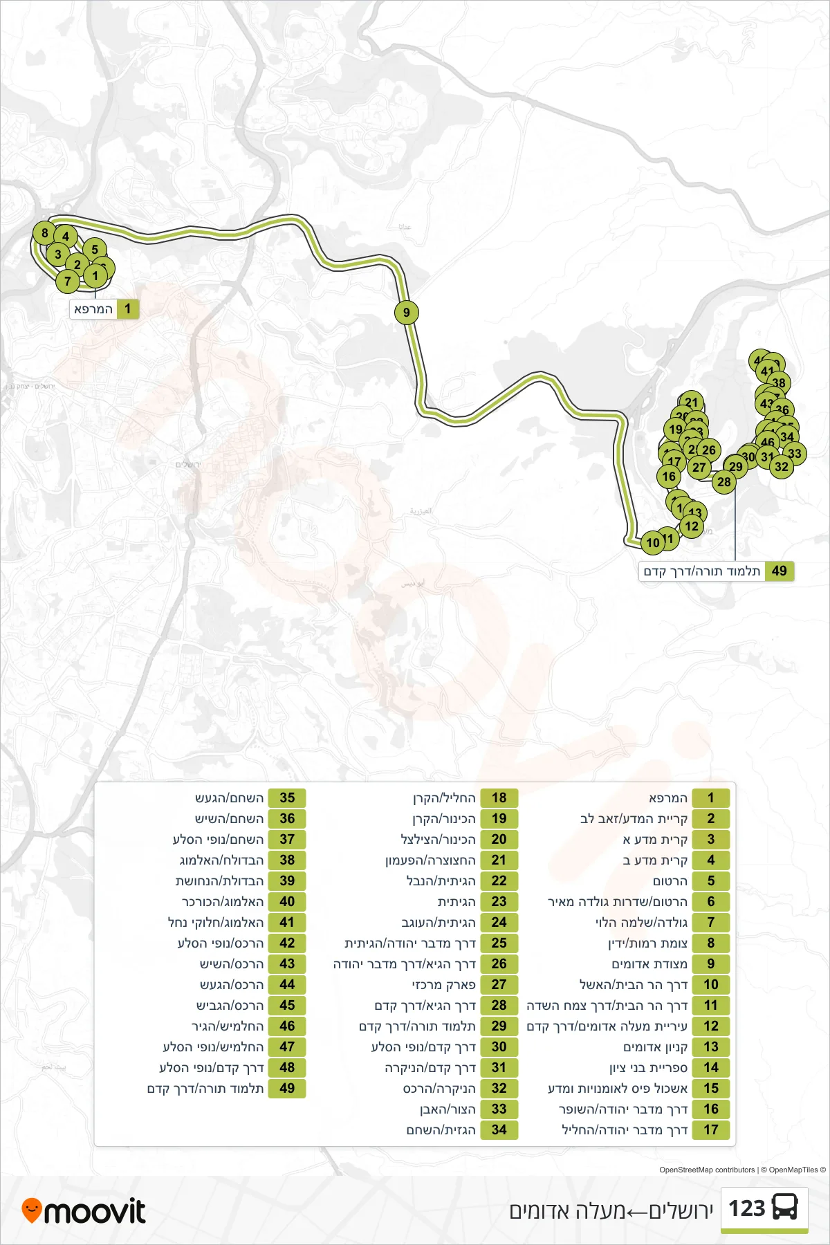 123 bus Line (Jerusalem→Ma'ale Adumim) route and stops on a map