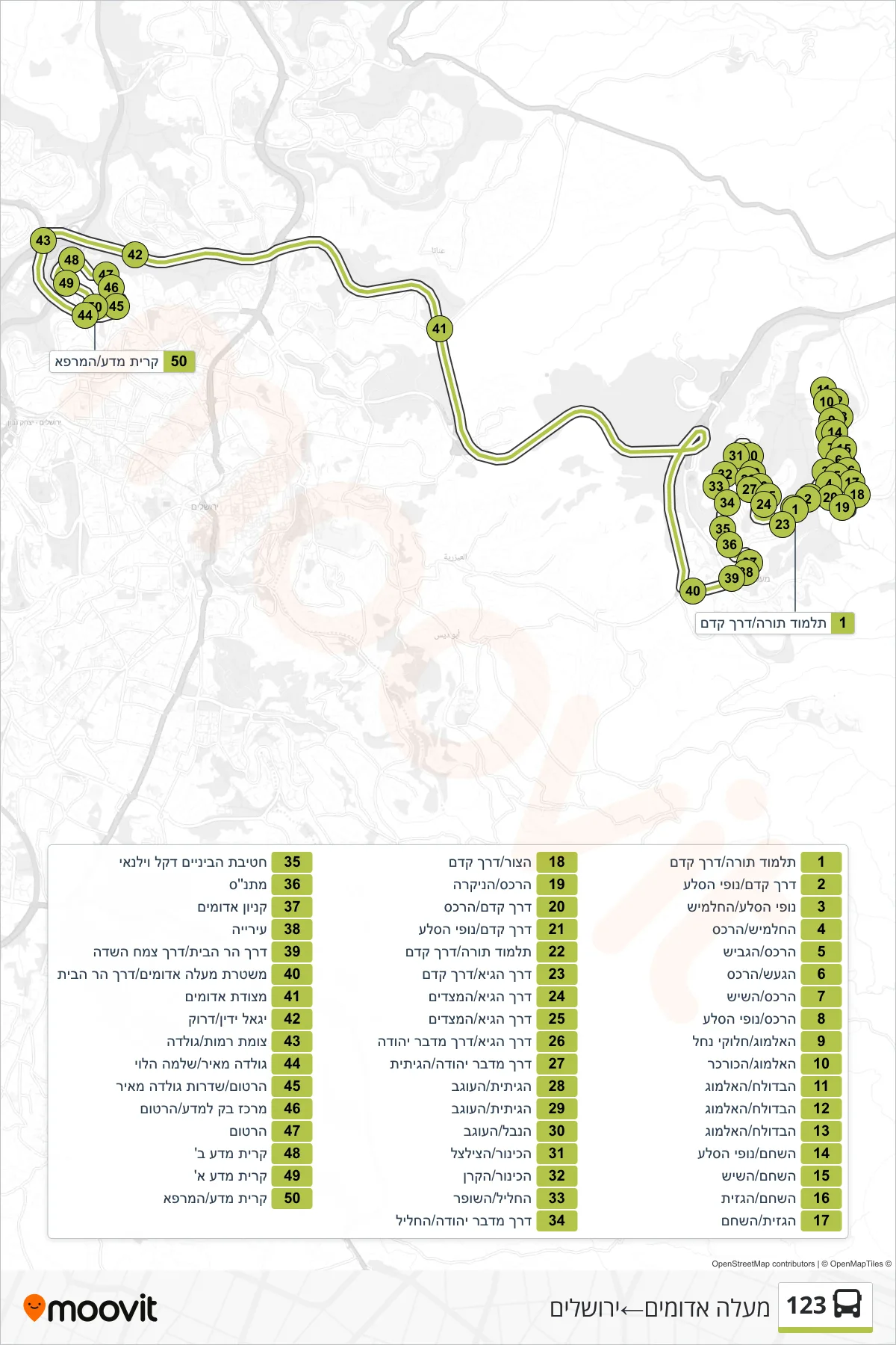 123 bus Line (Ma'ale Adumim→Jerusalem) route and stops on a map