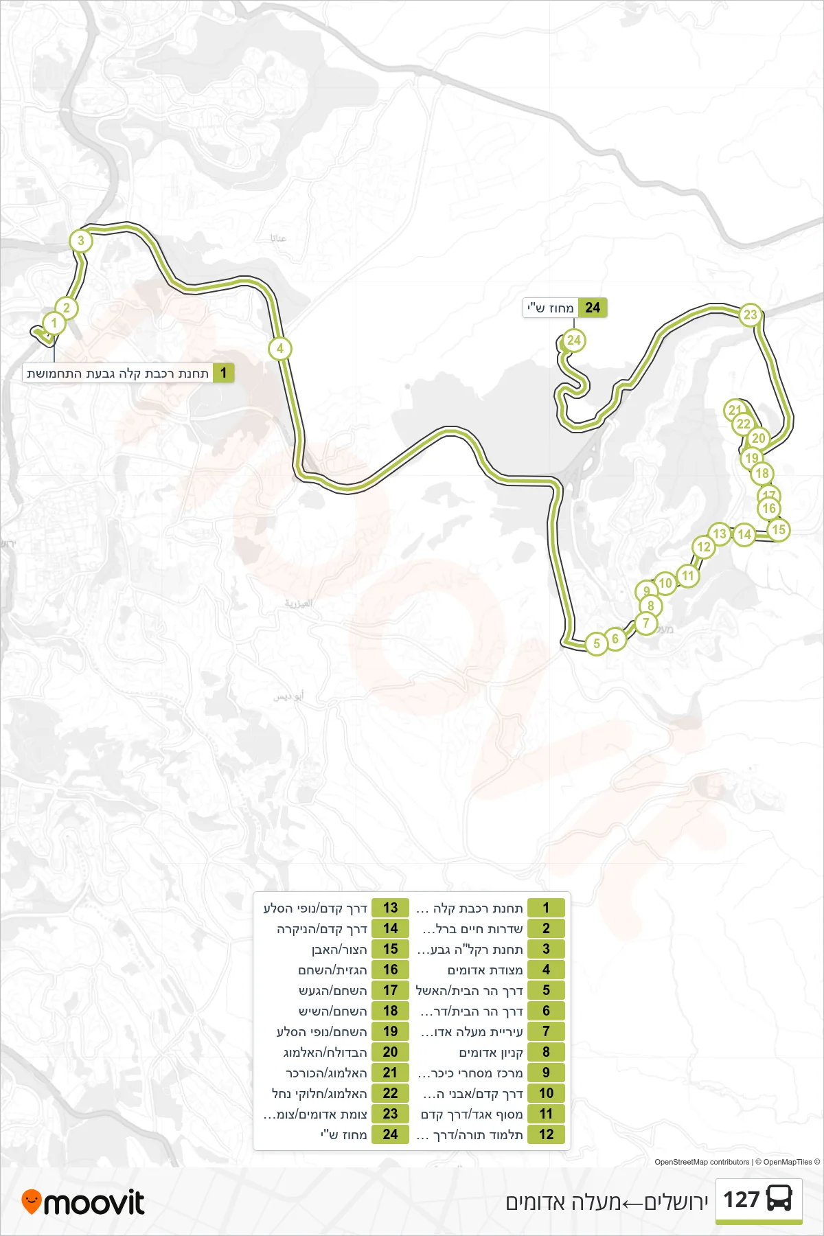 127 bus Line (Jerusalem‎→Ma'ale Adumim) route and stops on a map