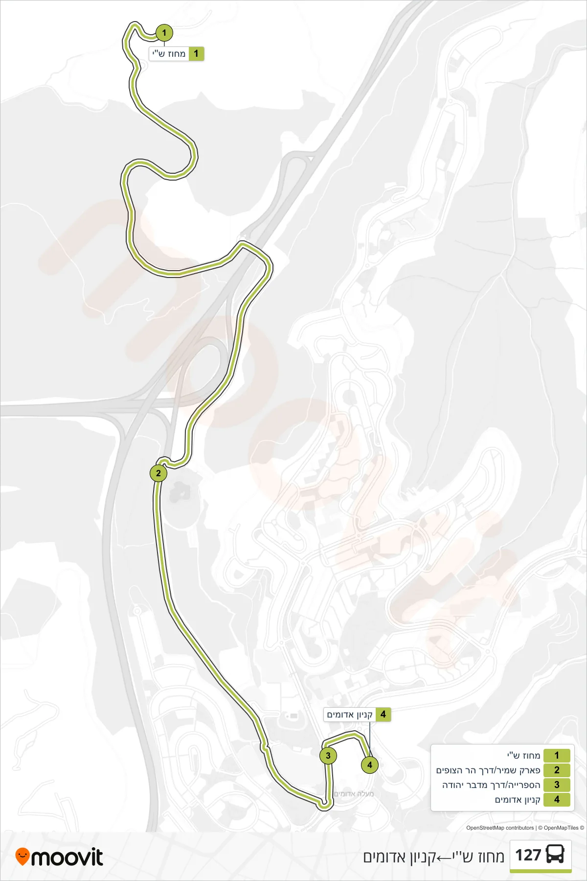 127 bus Line (Shai District‎→Adumim Mall) route and stops on a map