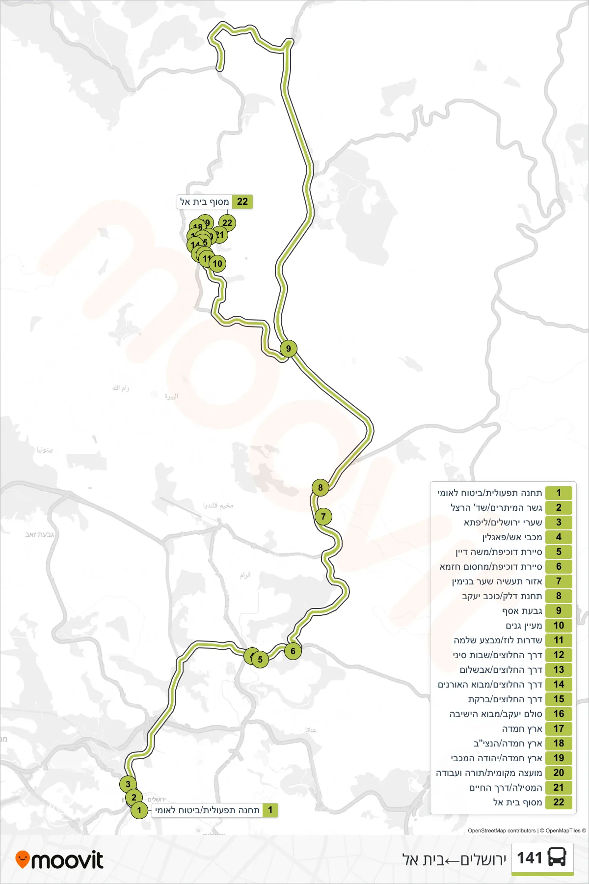 141 bus Line (Jerusalem‎→Beit El) route and stops on a map