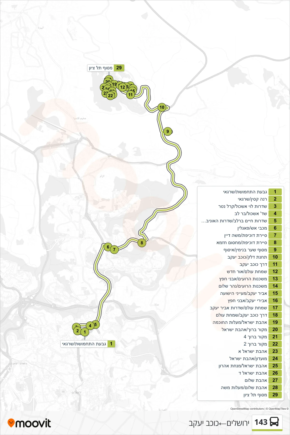 143 bus Line (Jerusalem‎→Kokhav Ya'akov) route and stops on a map