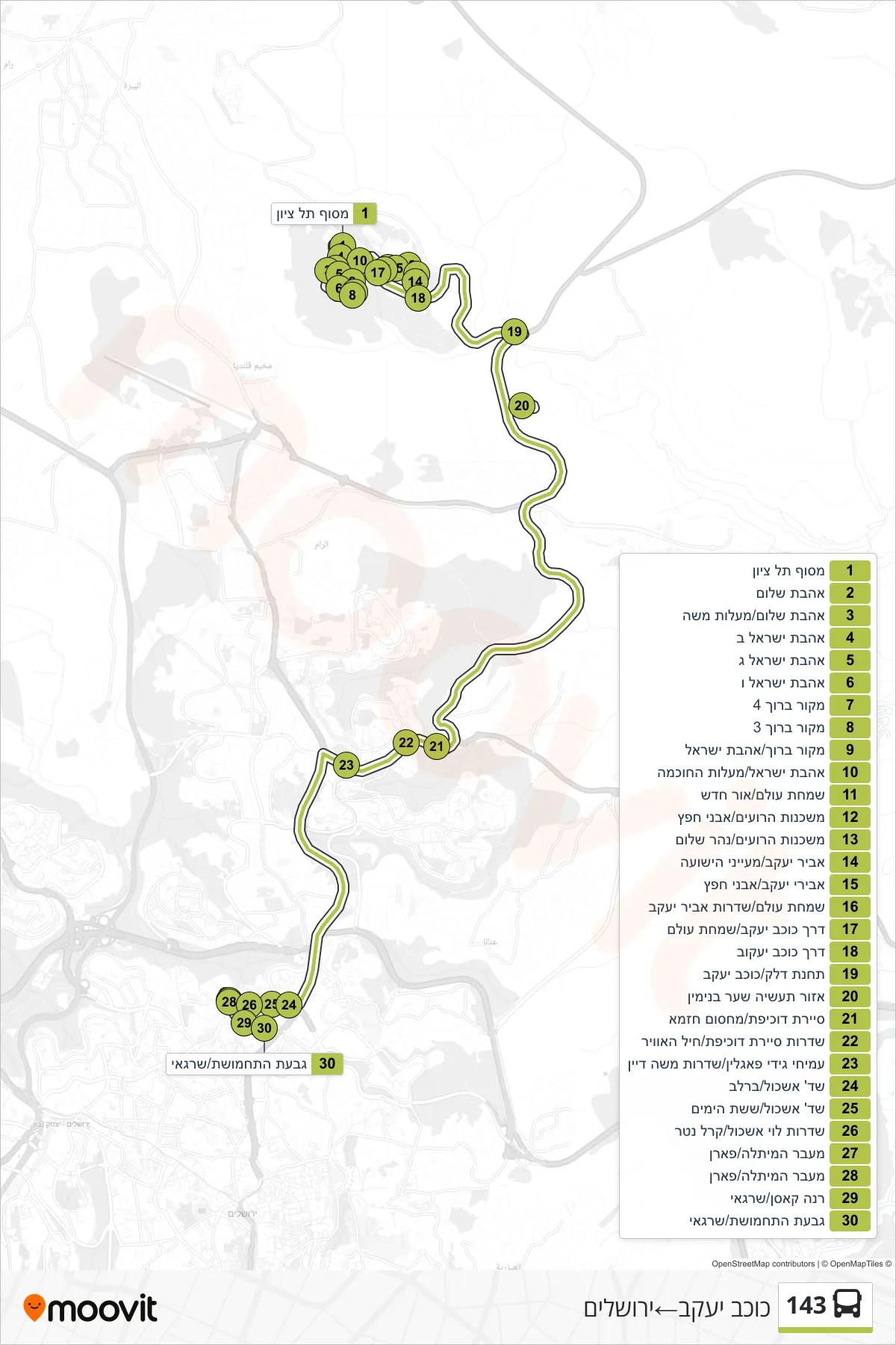 143  Line (Kokhav Ya'akov‎→Jerusalem) route and stops on a map