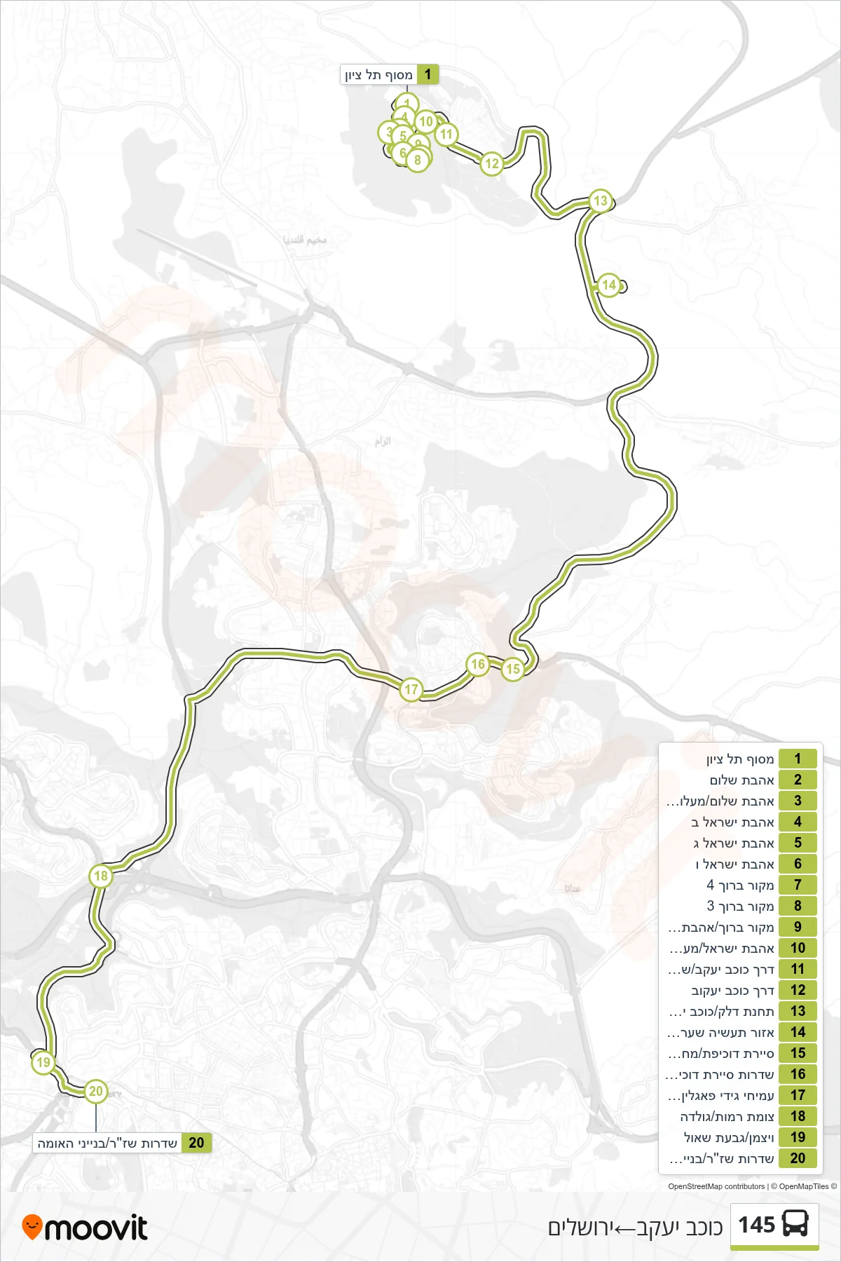 145 bus Line (Kokhav Ya'akov‎→Jerusalem) route and stops on a map
