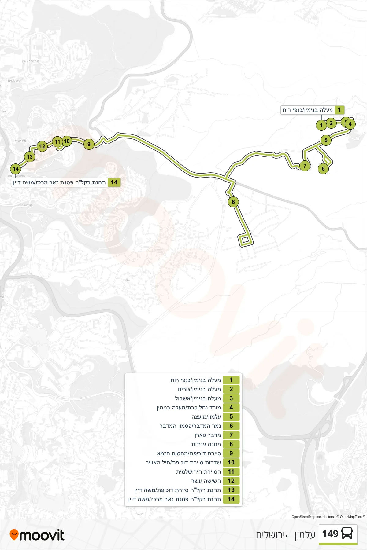 149 bus Line (Almon‎→Jerusalem) route and stops on a map