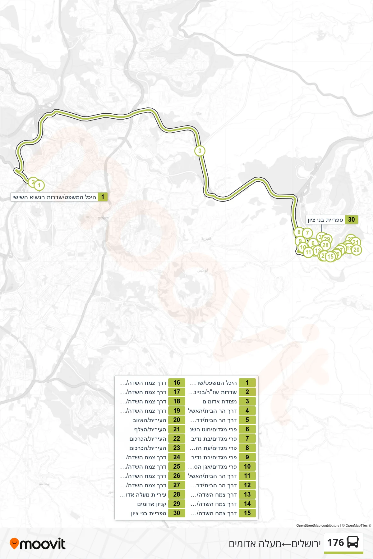 176 bus Line (Jerusalem‎→Ma'ale Adumim) route and stops on a map