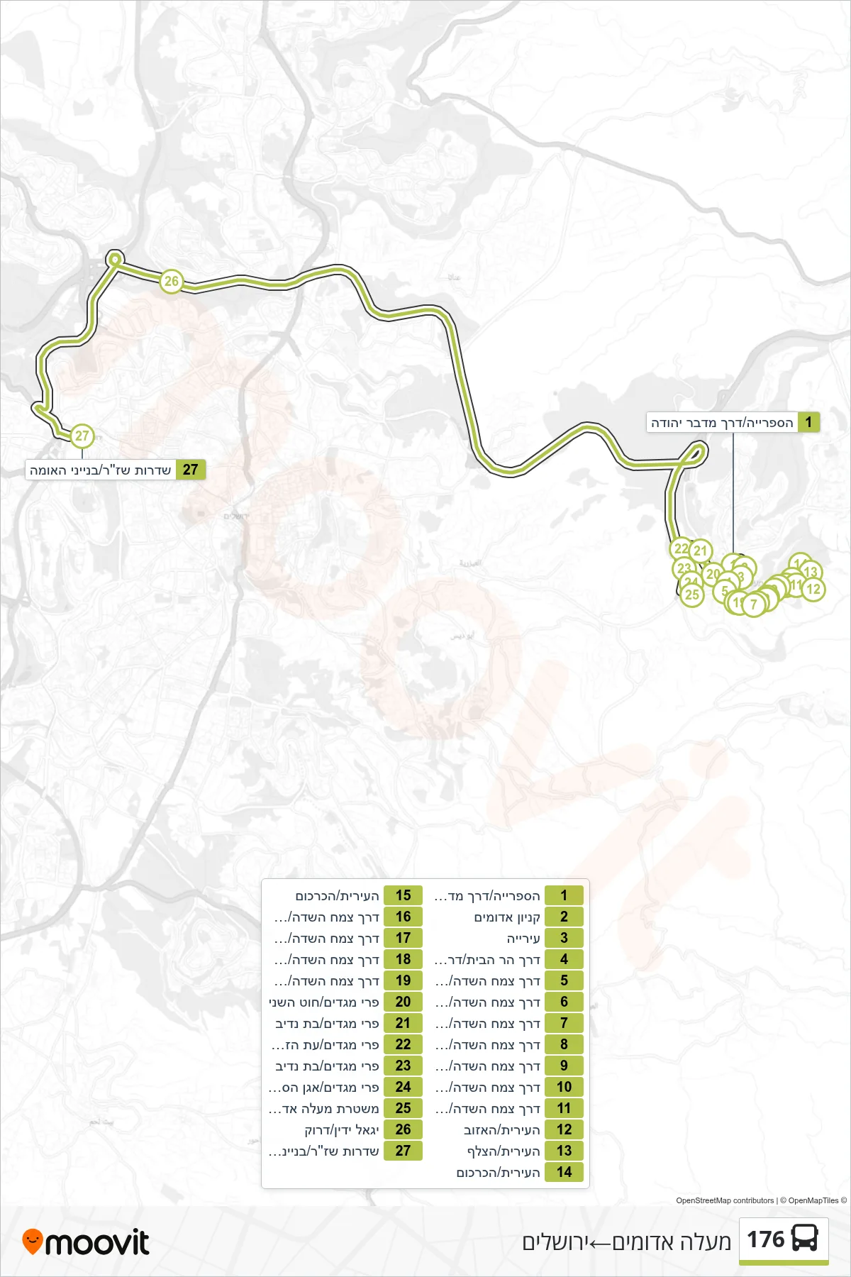 176 bus Line (Ma'ale Adumim‎→Jerusalem) route and stops on a map