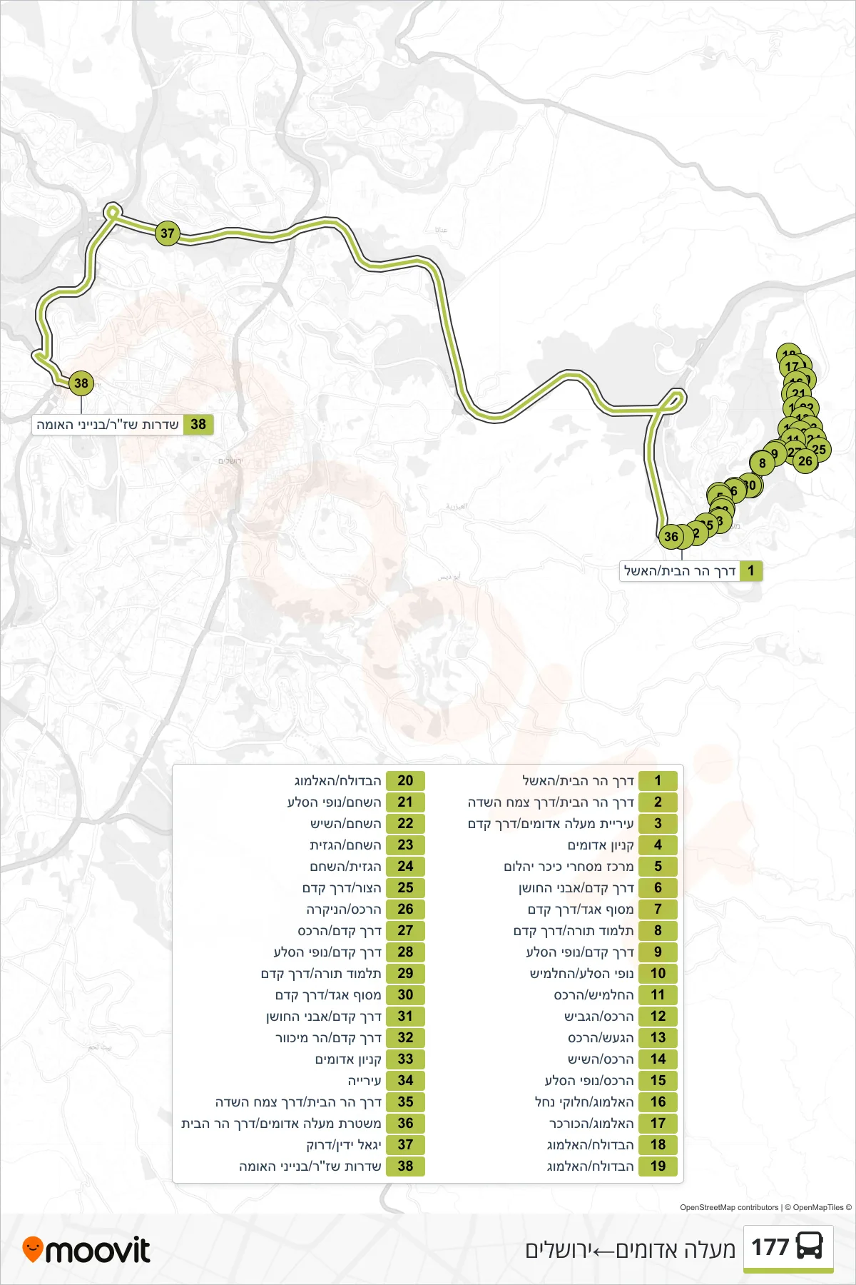 177 bus Line (Ma'ale Adumim‎→Jerusalem) route and stops on a map
