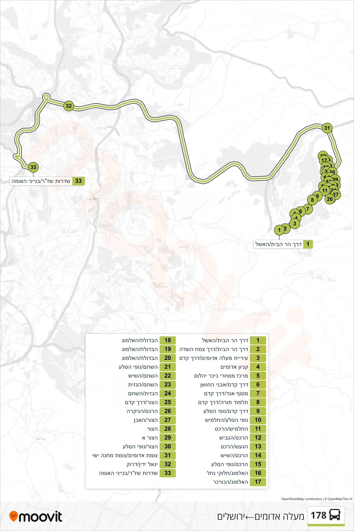 178 bus Line (Ma'ale Adumim‎→Jerusalem) route and stops on a map