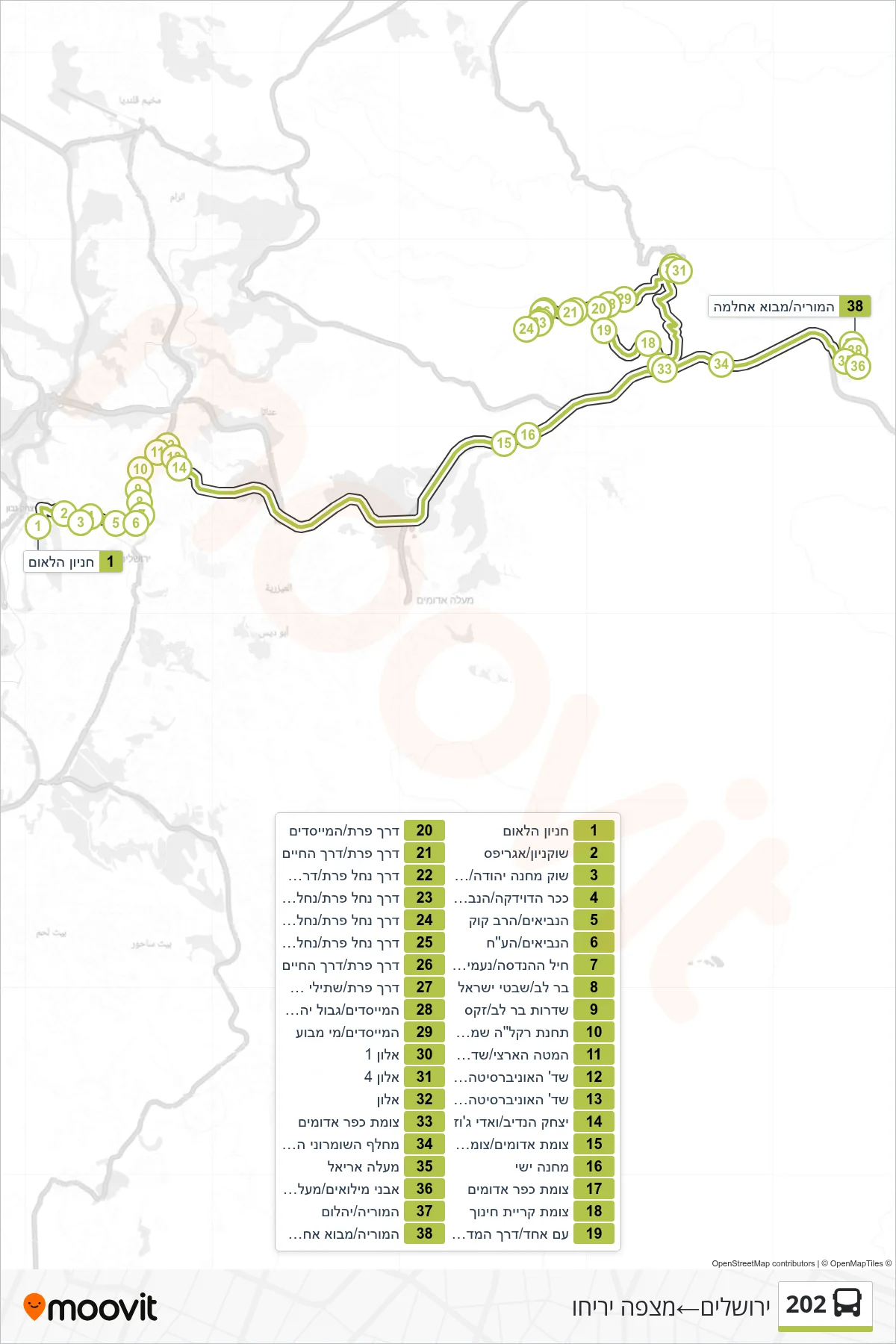 202 bus Line (Jerusalem‎→Mitzpe Yeriho) route and stops on a map