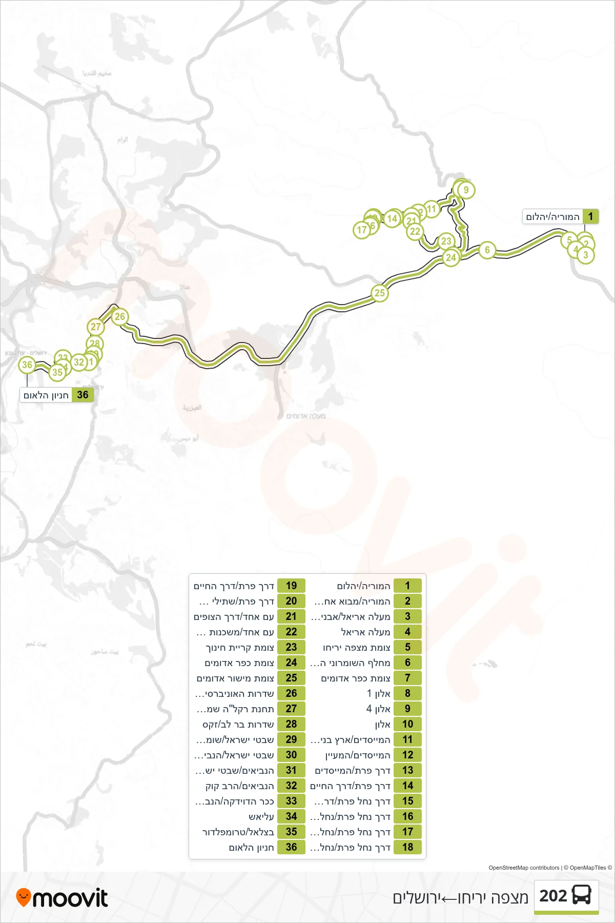 202 bus Line (Mitzpe Yeriho‎→Jerusalem) route and stops on a map