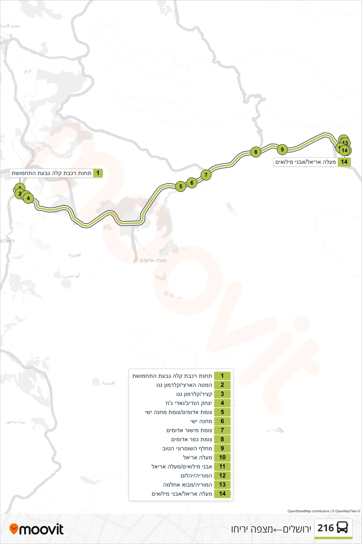 216 bus Line (Jerusalem‎→Mitzpe Yeriho) route and stops on a map