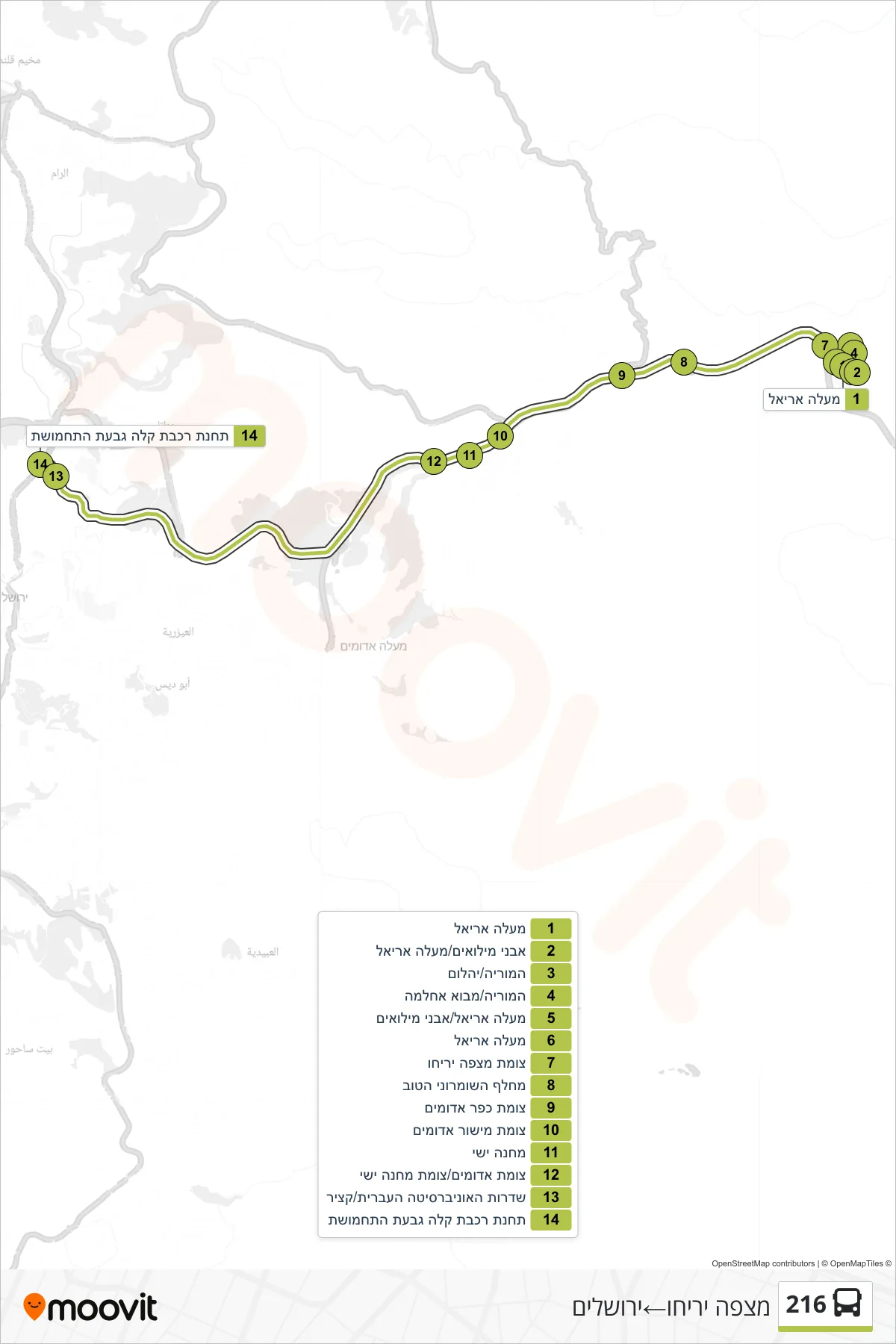 216 bus Line (Mitzpe Yeriho‎→Jerusalem) route and stops on a map