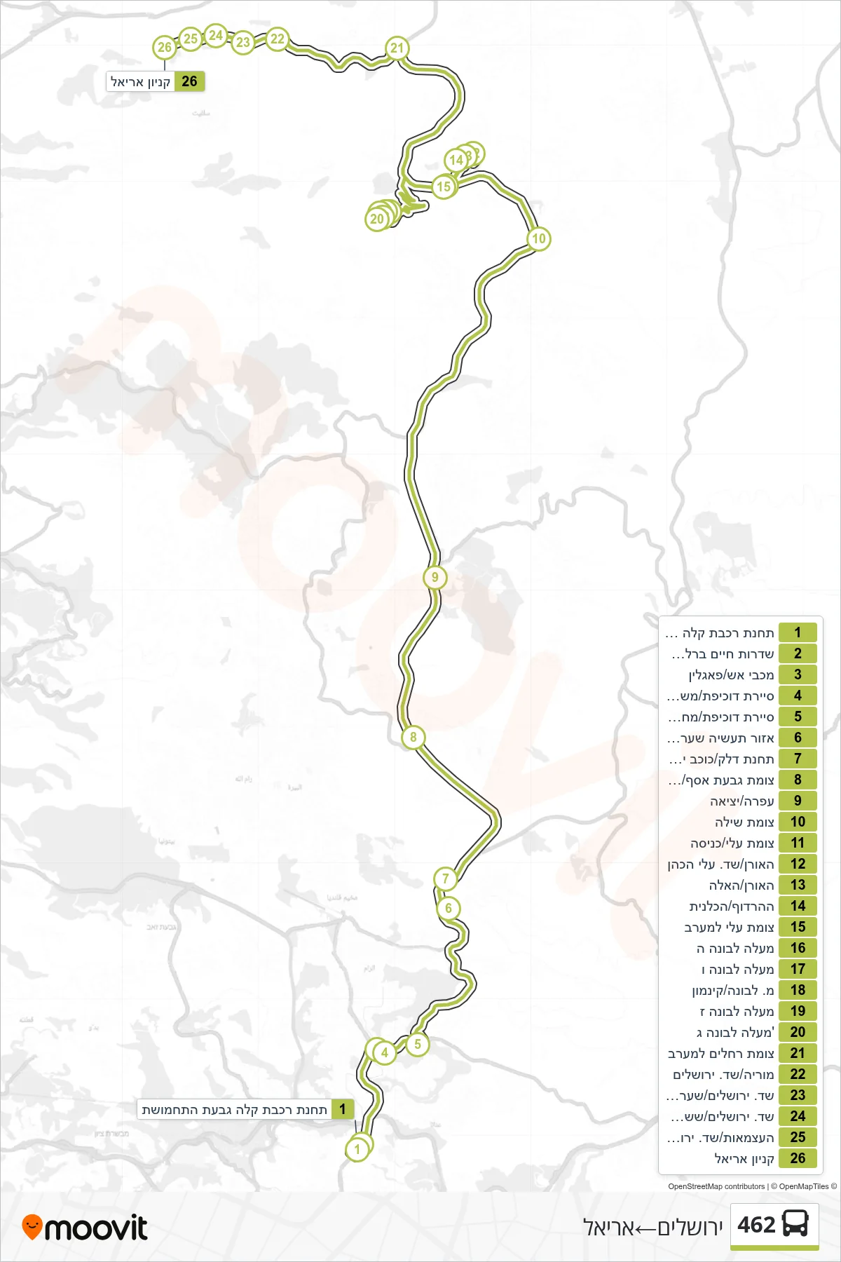 462 bus Line (Jerusalem‎→Ariel) route and stops on a map